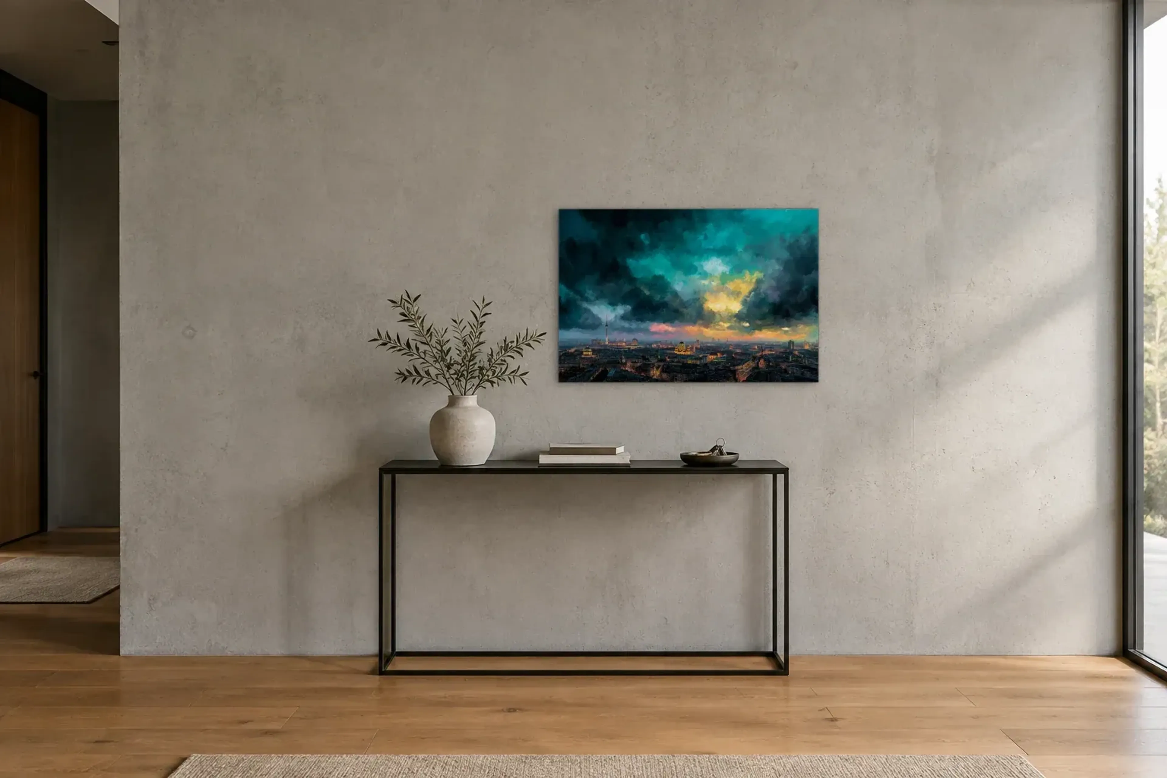 Abendlicht über Berlin als Wandbild über einer 120-cm-Konsole