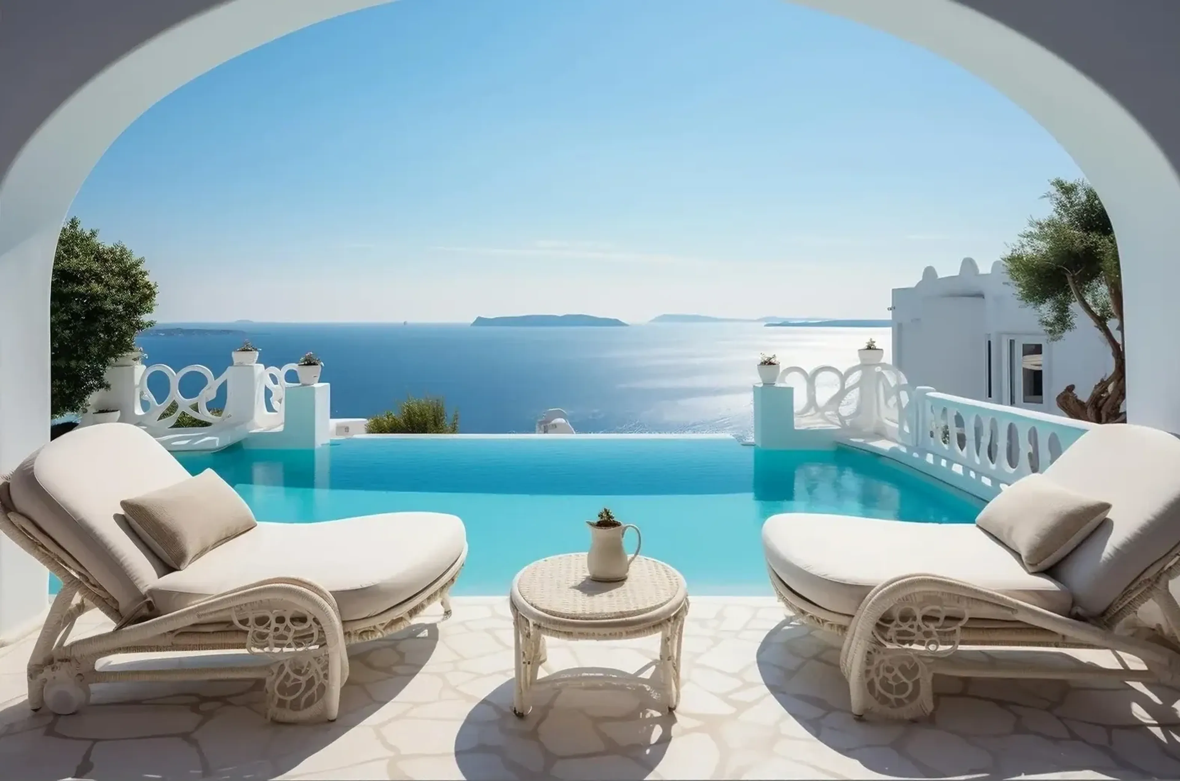 Zwei helle Liegen stehen unter einem weißen Bogen vor einem türkisfarbenen Pool mit weitem Meerblick.