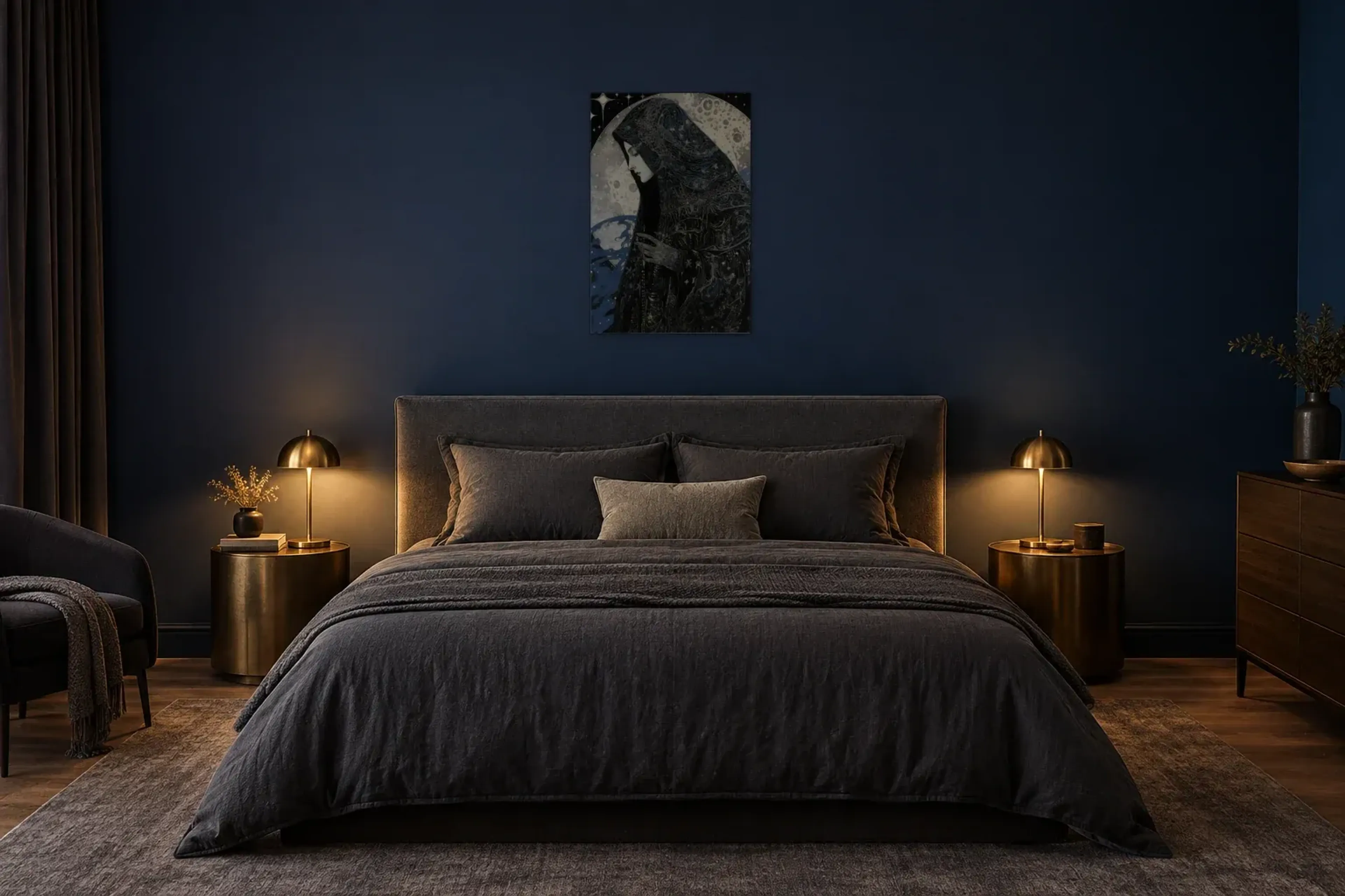 Frau im Mondlicht als Wandbild über einem 180-cm-Bett