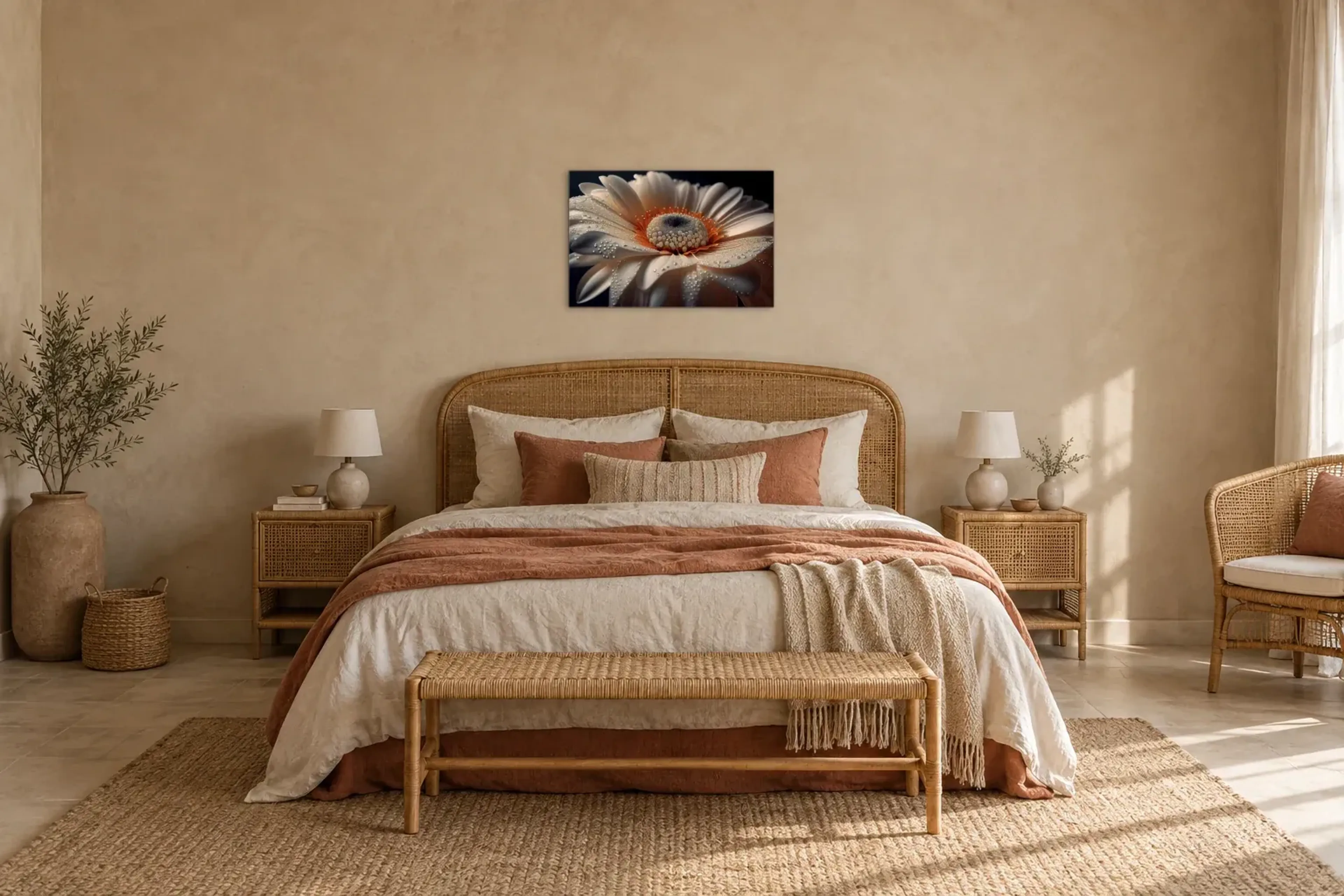 Blüte mit Wassertropfen als Wandbild über einem 180-cm-Bett