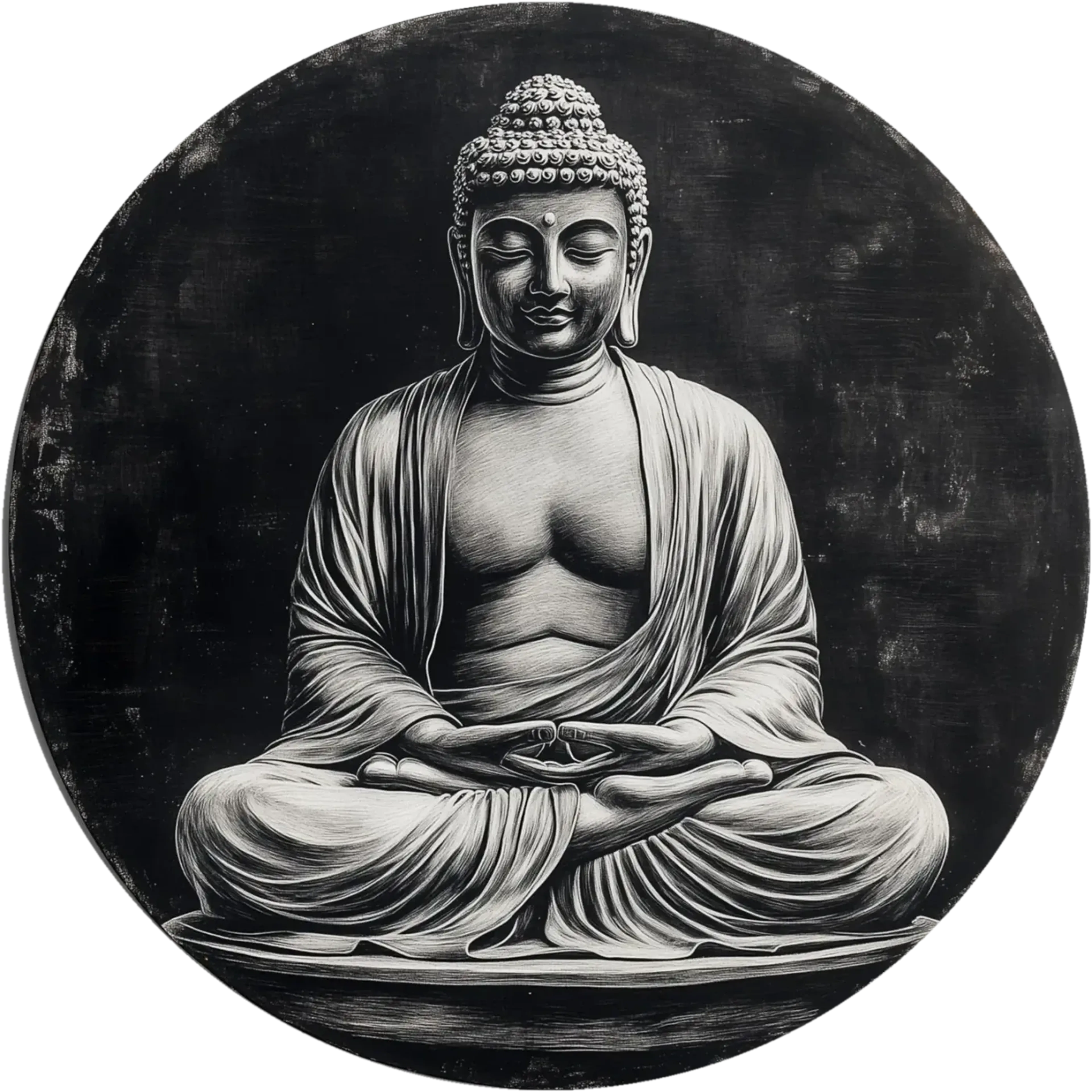 Sitzender Buddha mit geschlossenen Augen und Händen im Schoß, in Weiß und Grau auf schwarzem Grund.