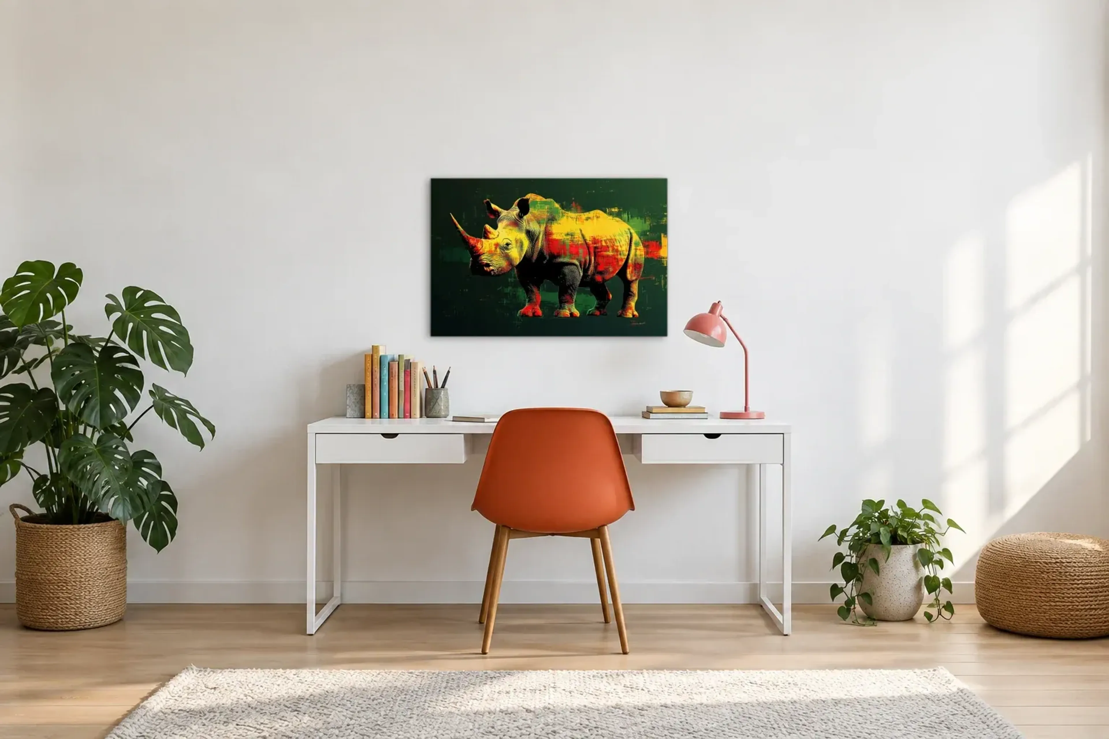 Rhinozeros als Wandbild über einem 140-cm-Schreibtisch