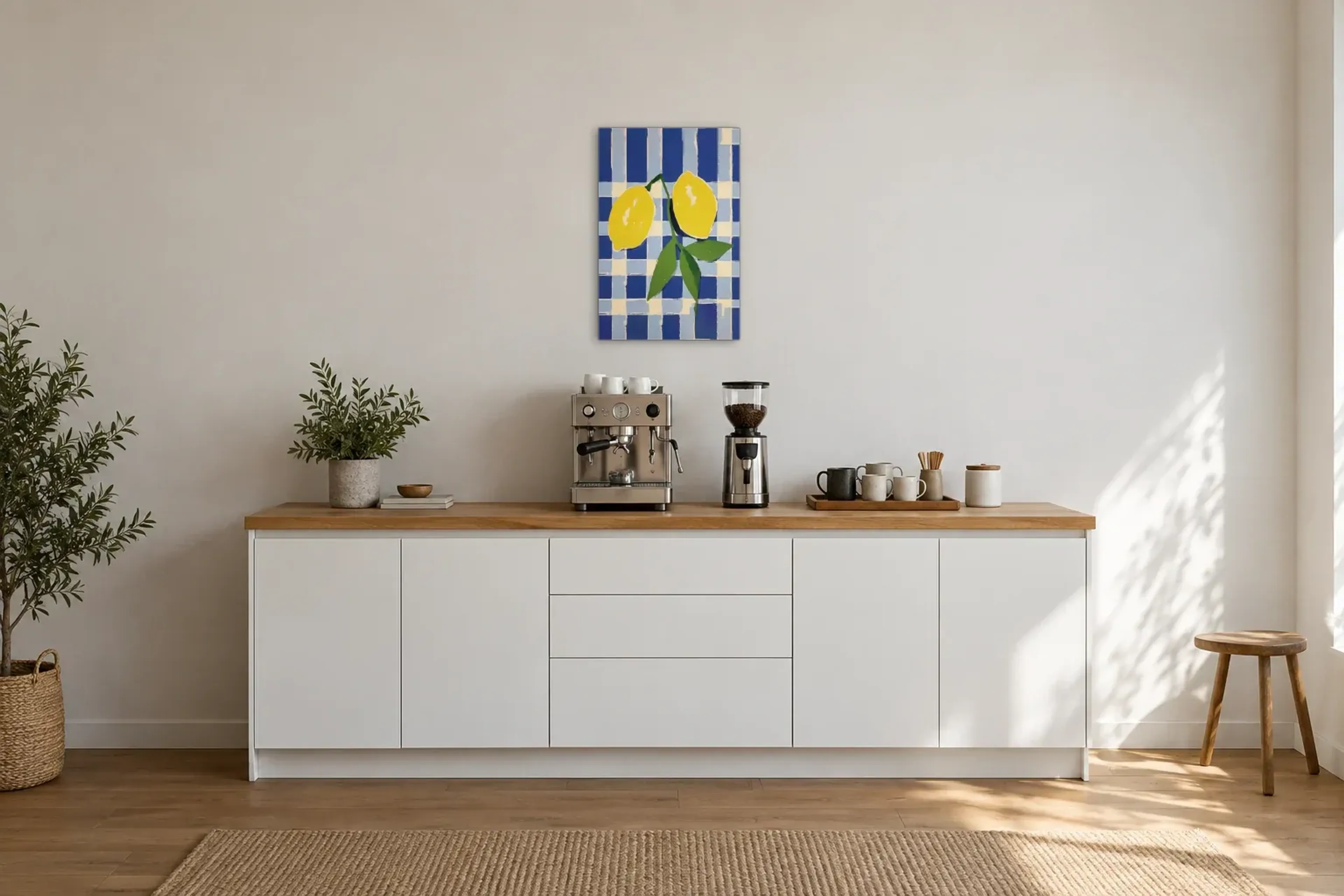 Zitronen auf Blau als Wandbild über einer 200-cm-Arbeitsplatte