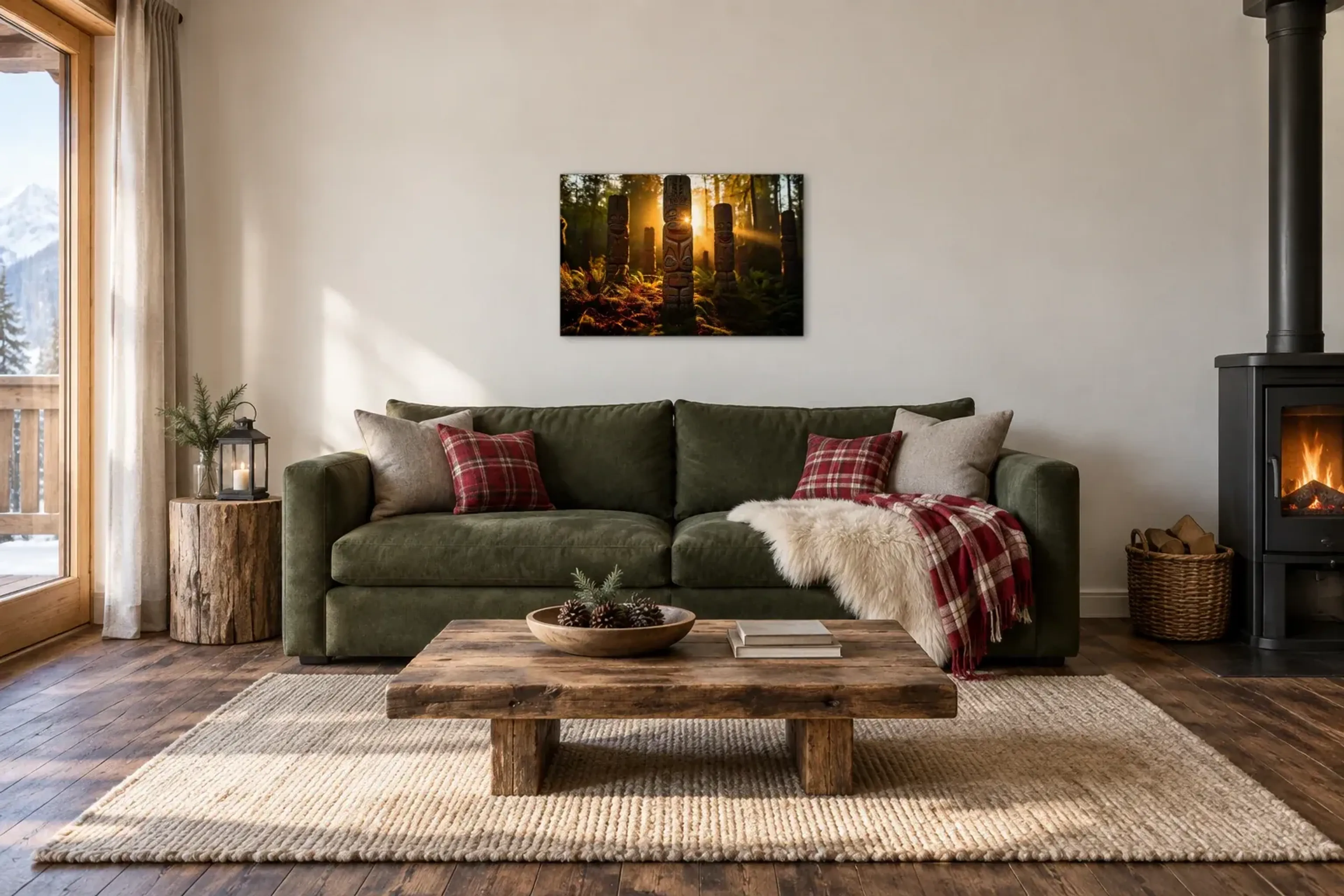 Tiki im Wald als Wandbild über einem 220-cm-Sofa