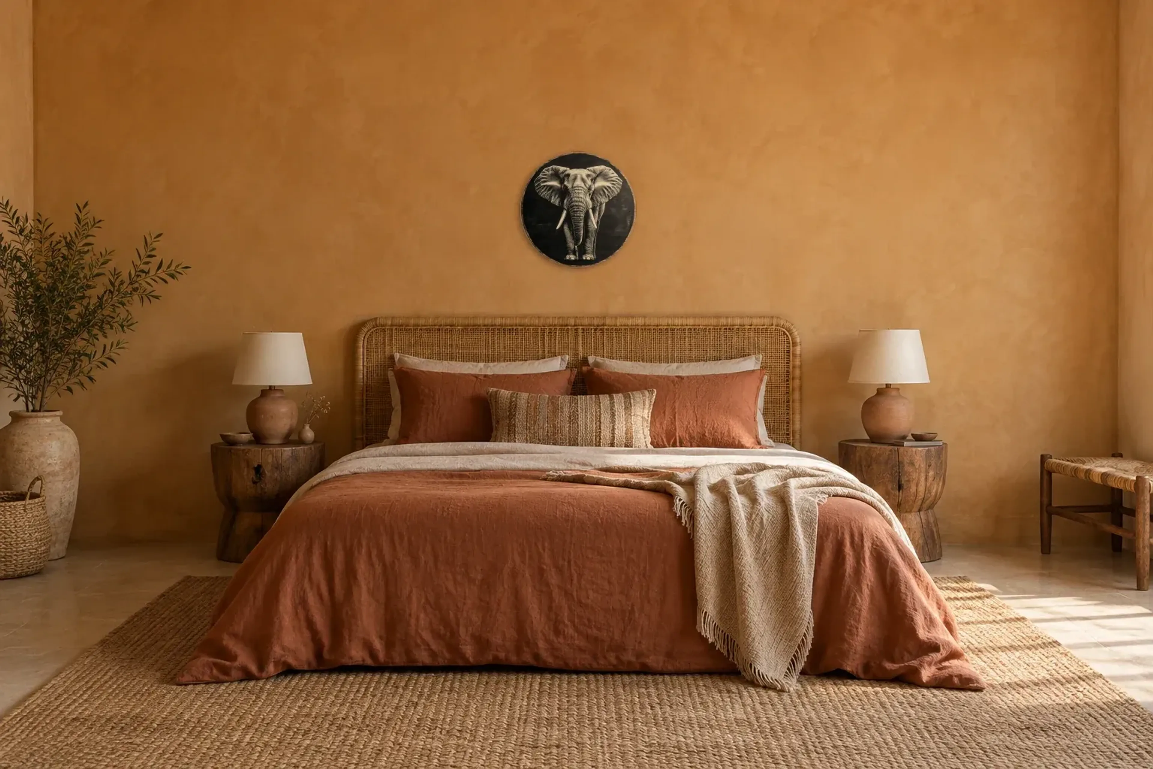 Elefant von vorn als Wandbild über einem 180-cm-Bett
