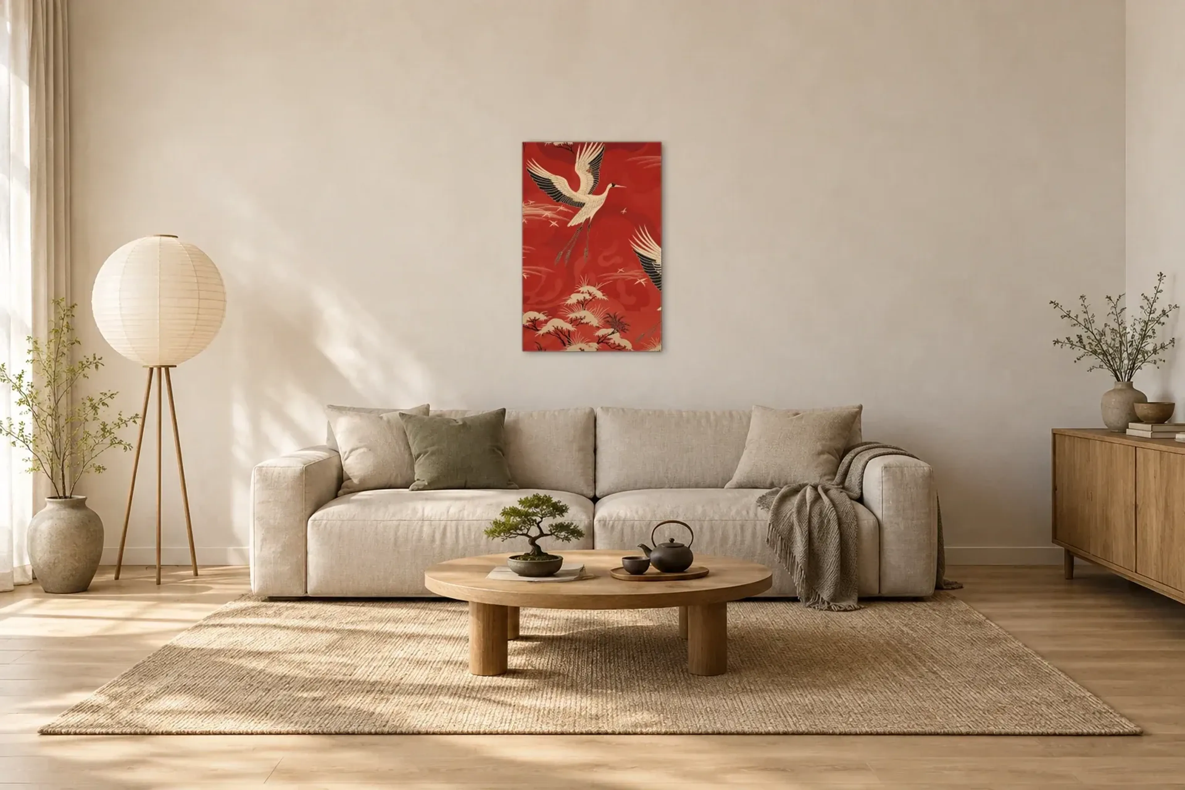 Kraniche auf Rot als Wandbild über einem 220-cm-Sofa