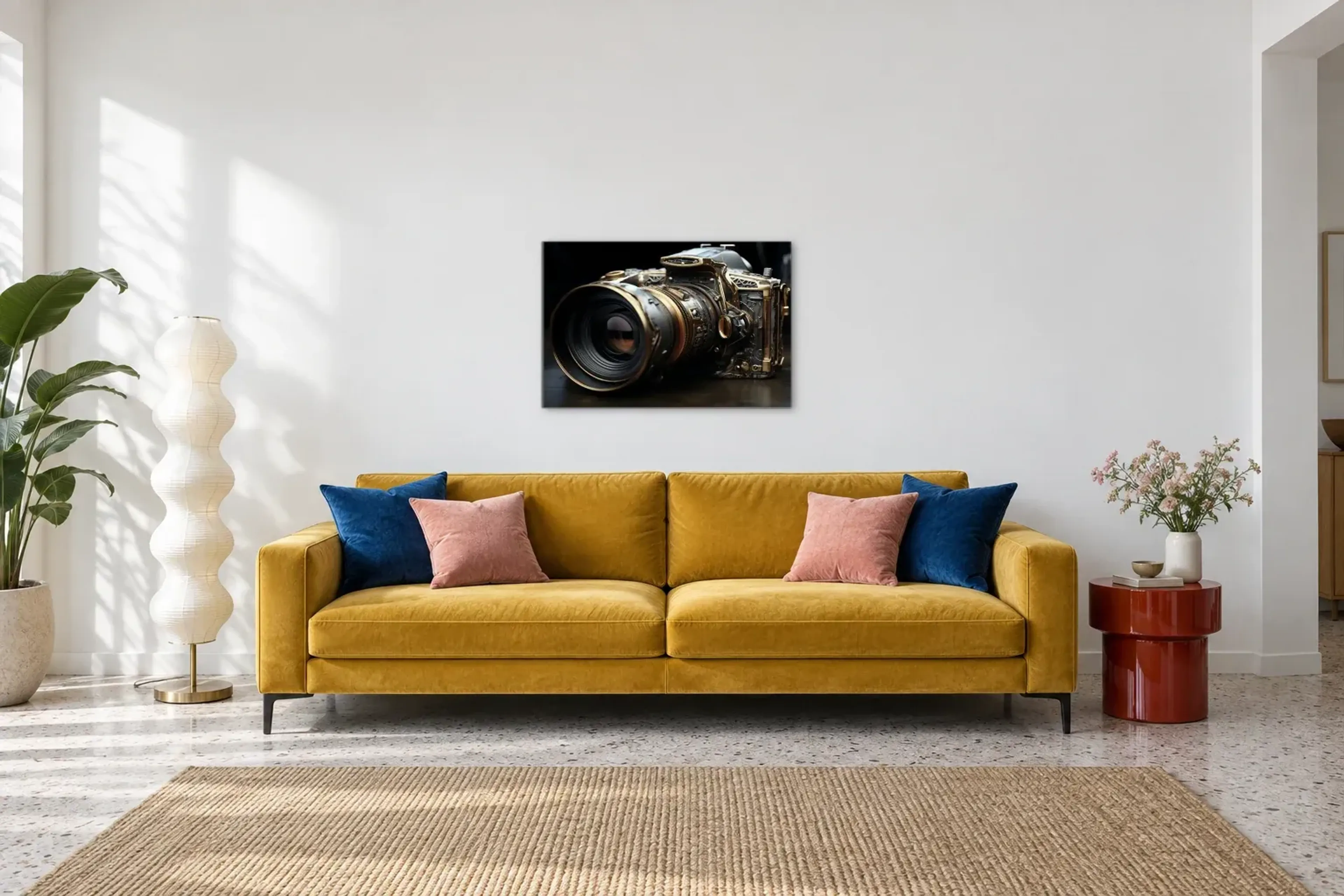 Kamera Steampunk als Wandbild über einem 220-cm-Sofa