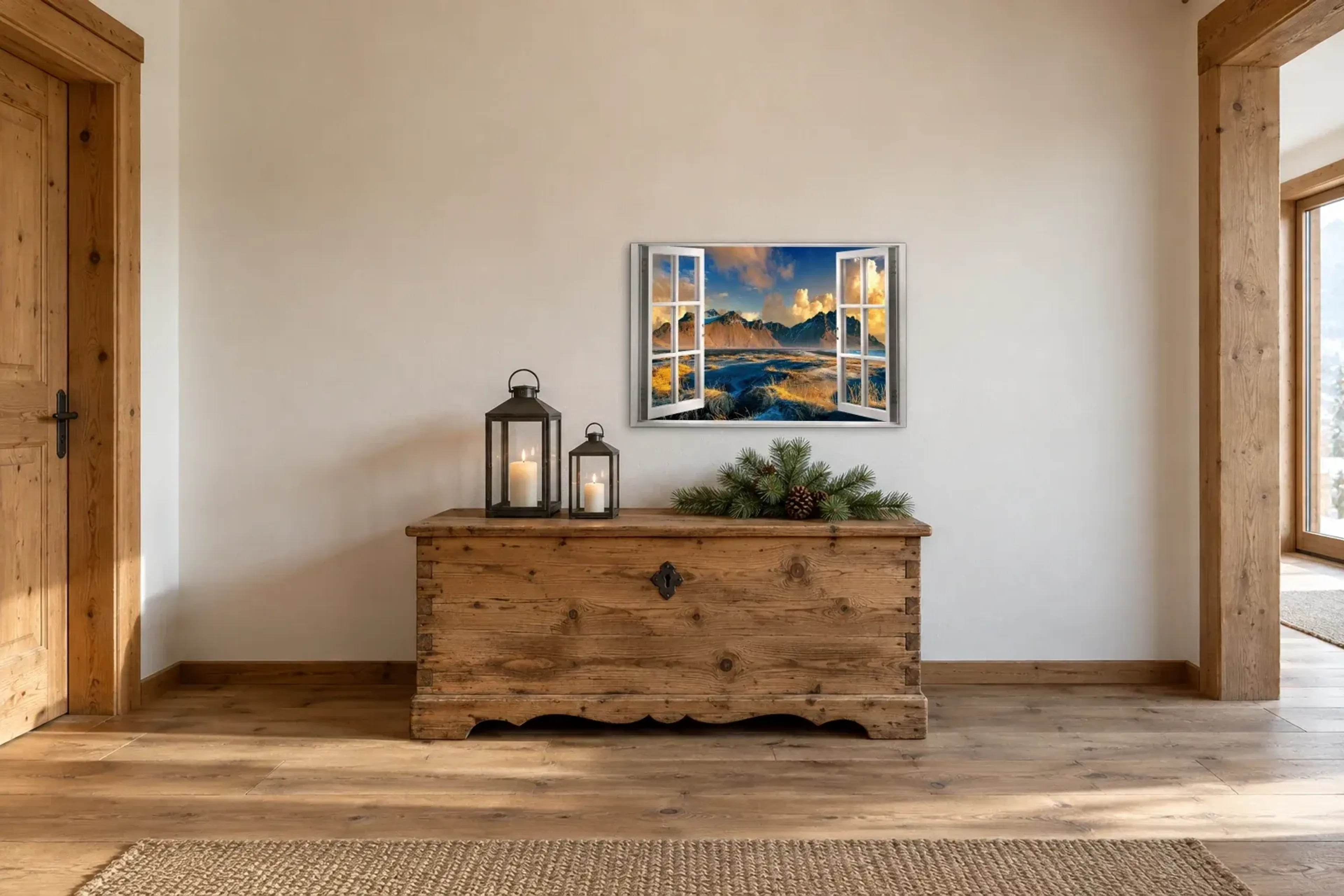 Berge im goldenen Licht als Wandbild über einer 140-cm-Truhe