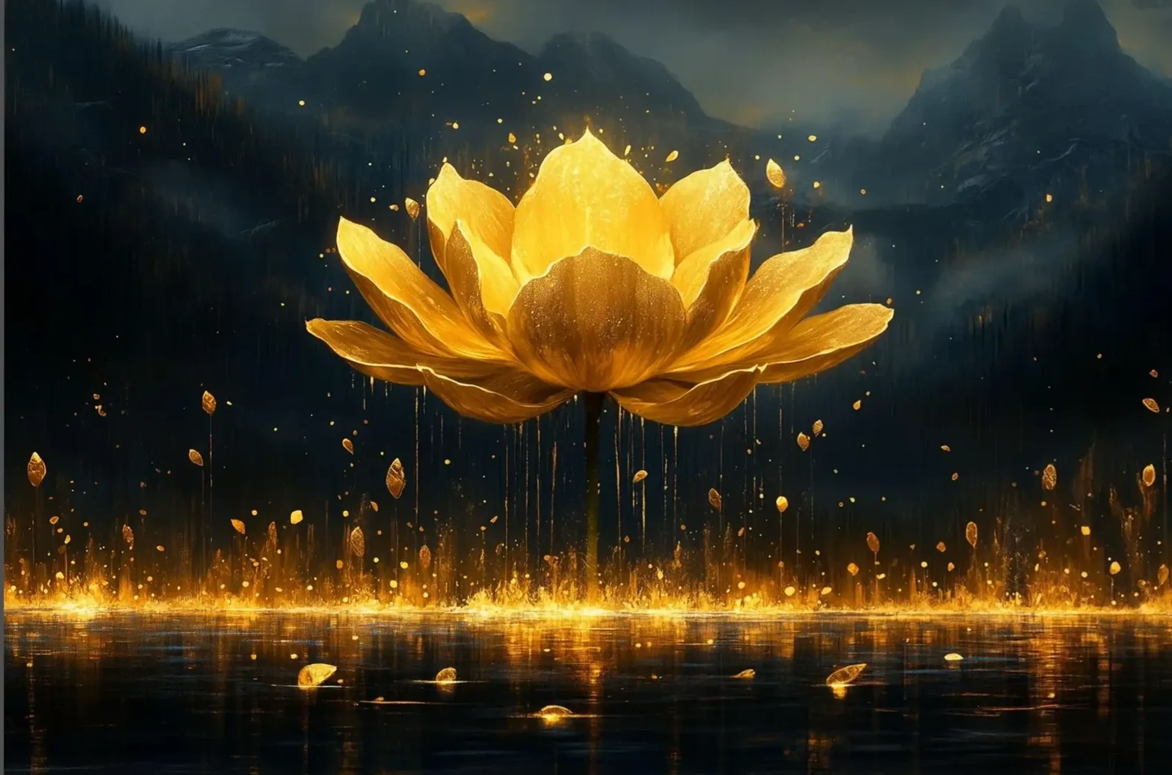 Eine goldene Lotusblüte schwebt vor dunklen Bergen über einem See mit goldenen Lichtreflexen.