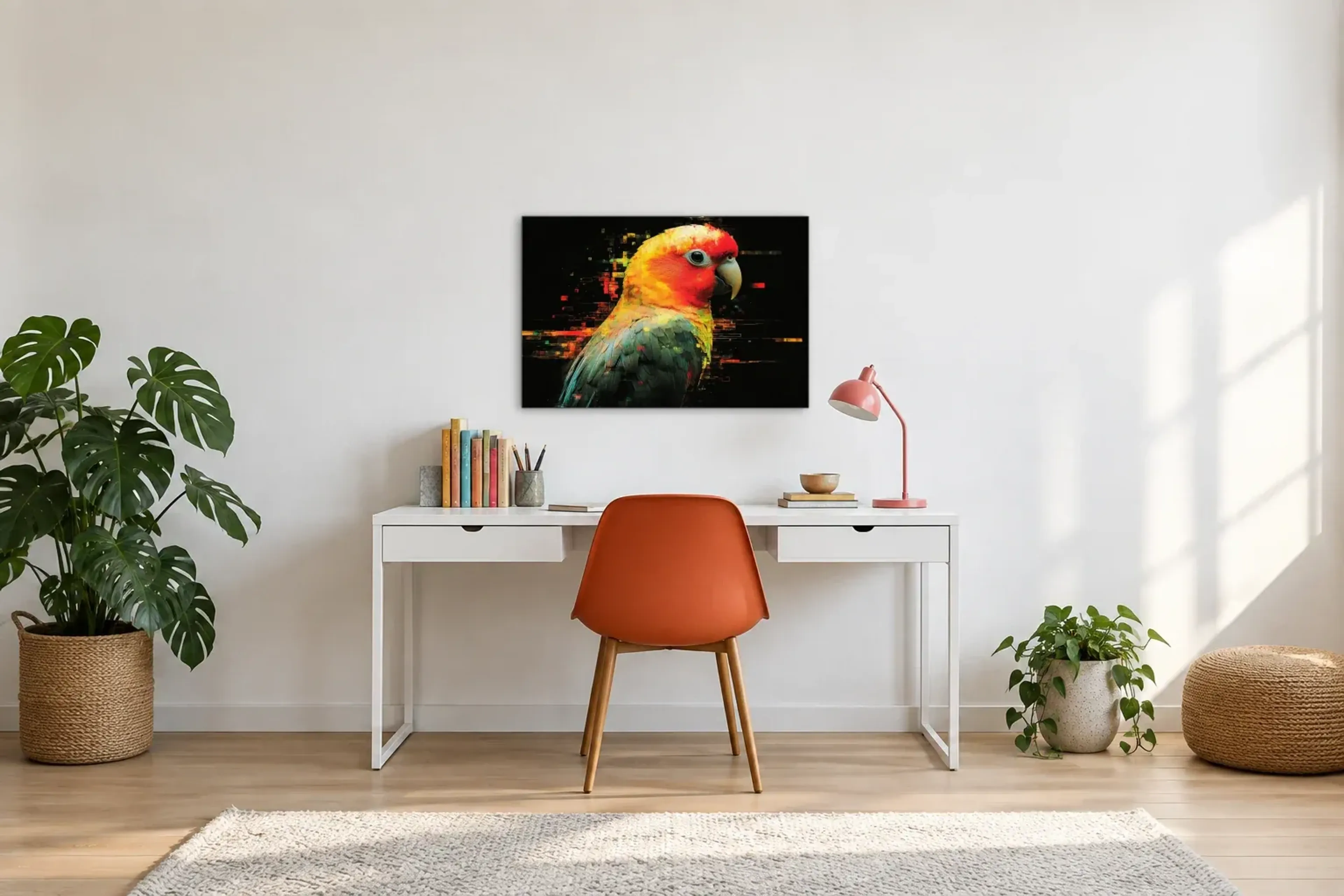 Papagei als Wandbild über einem 140-cm-Schreibtisch