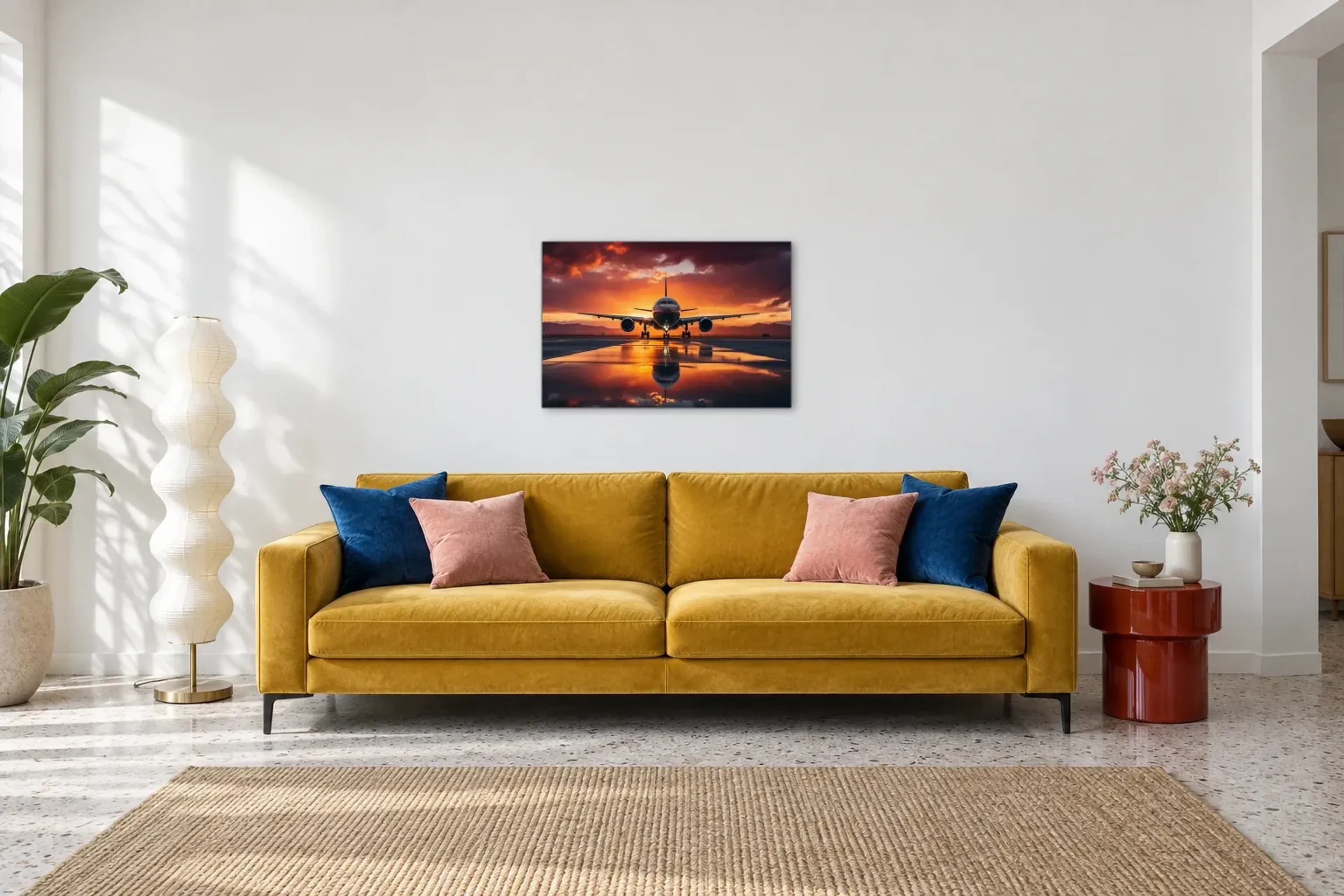 Flugzeug im Sonnenuntergang als Wandbild über einem 220-cm-Sofa