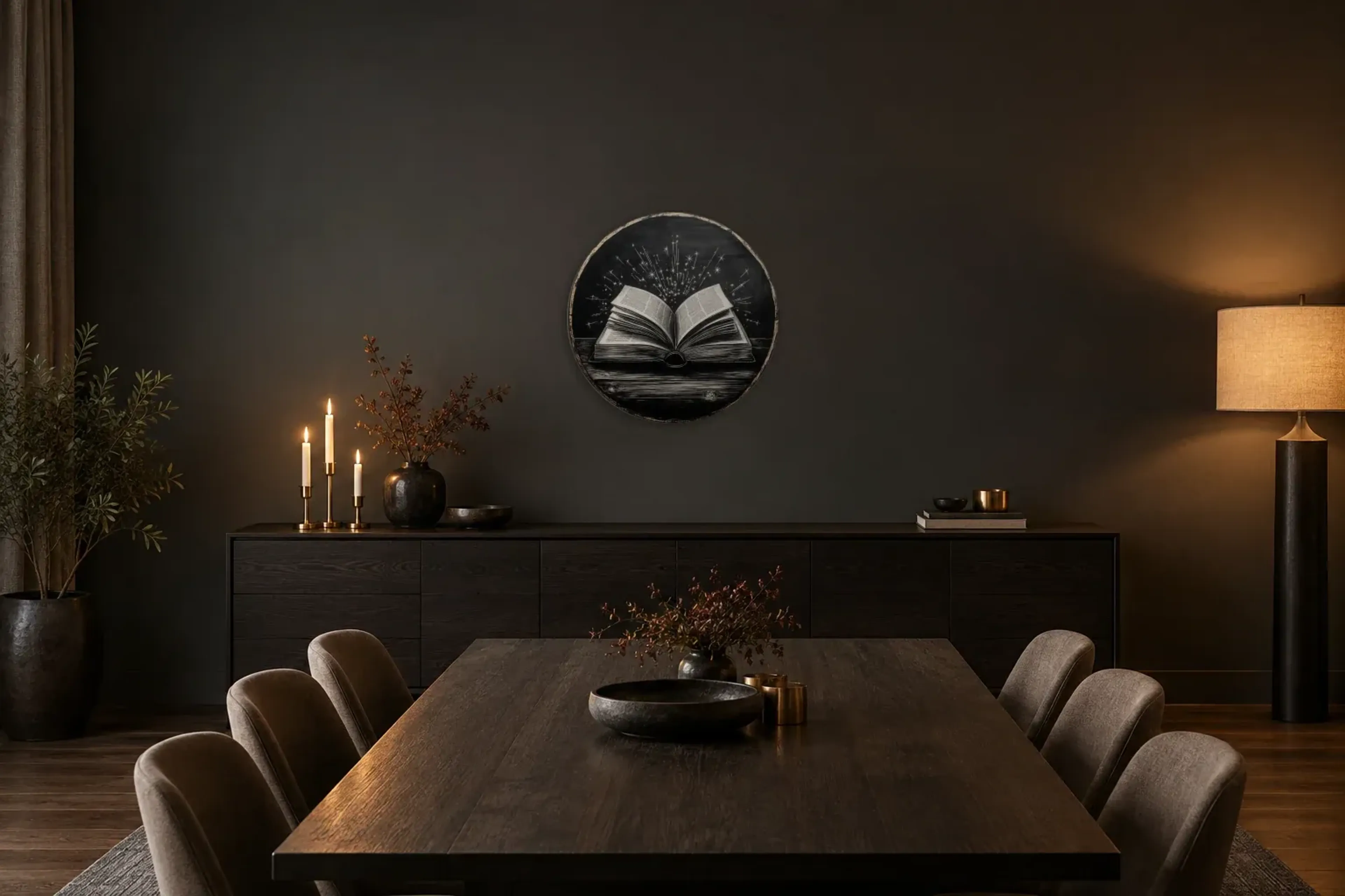 Buch voller Sterne als Wandbild über einem 180-cm-Sideboard