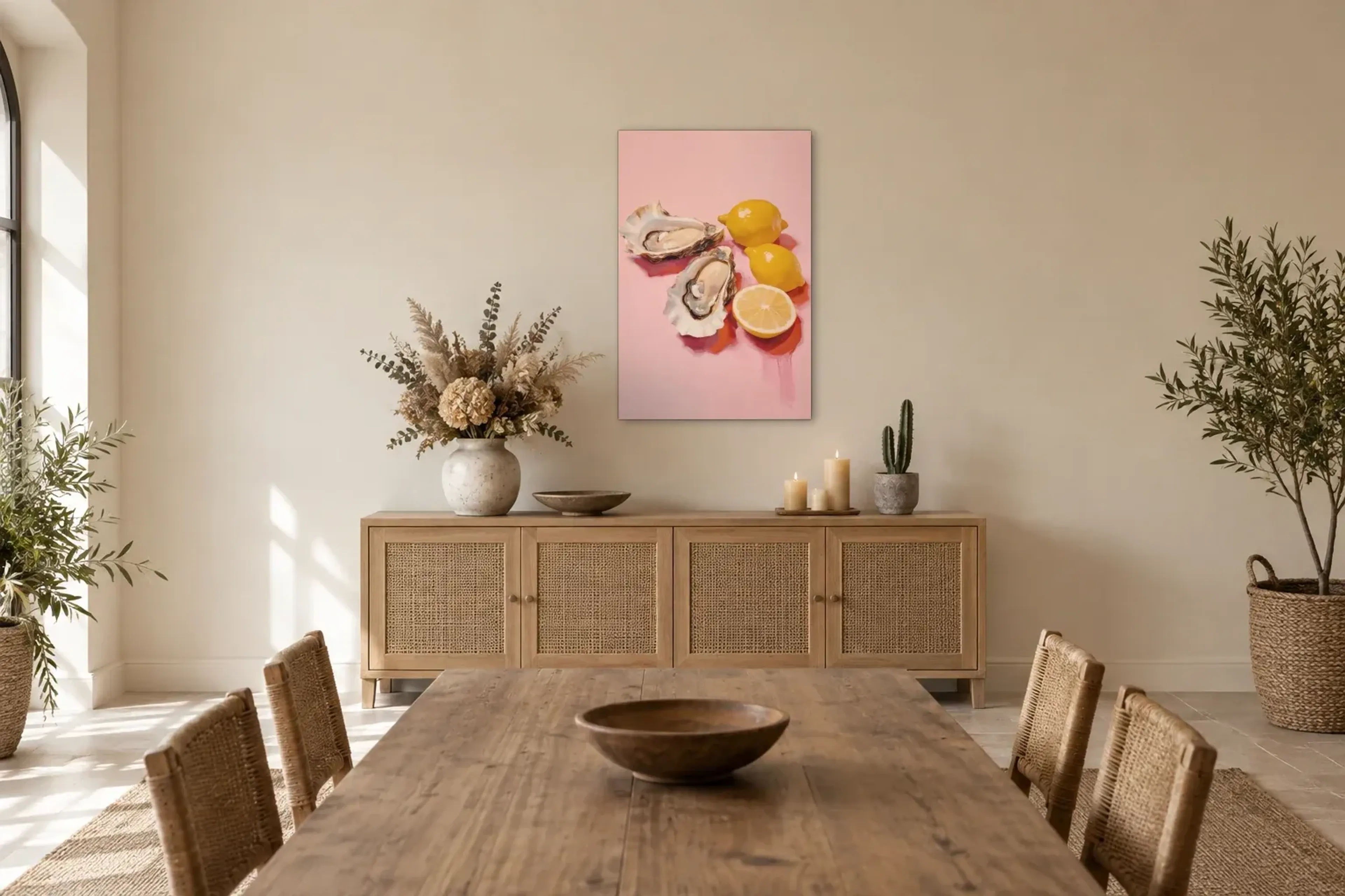 Austern Zitronen als Wandbild über einem 160-cm-Sideboard