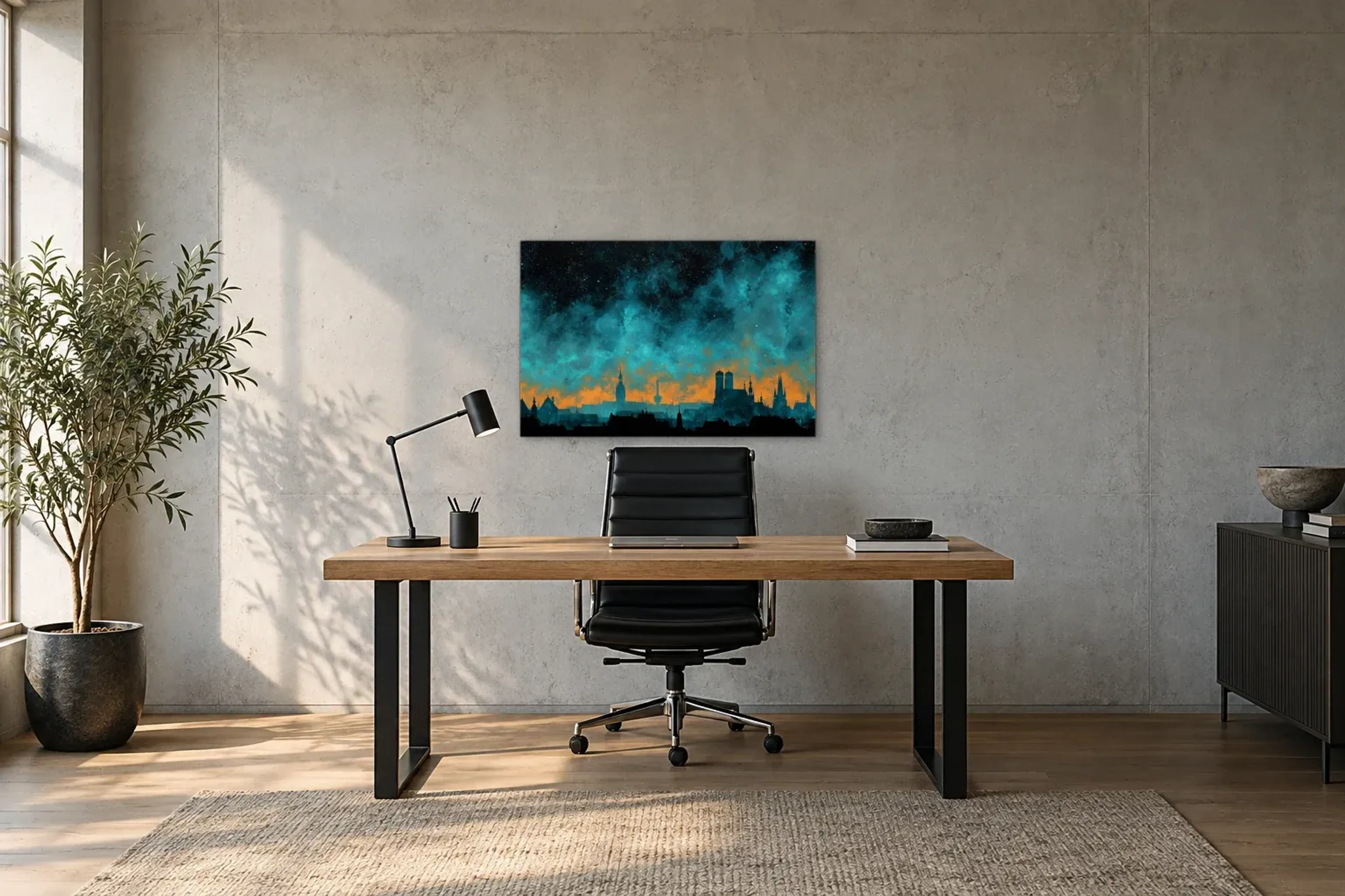 München am leuchtenden Horizont als Wandbild über einem 160-cm-Schreibtisch