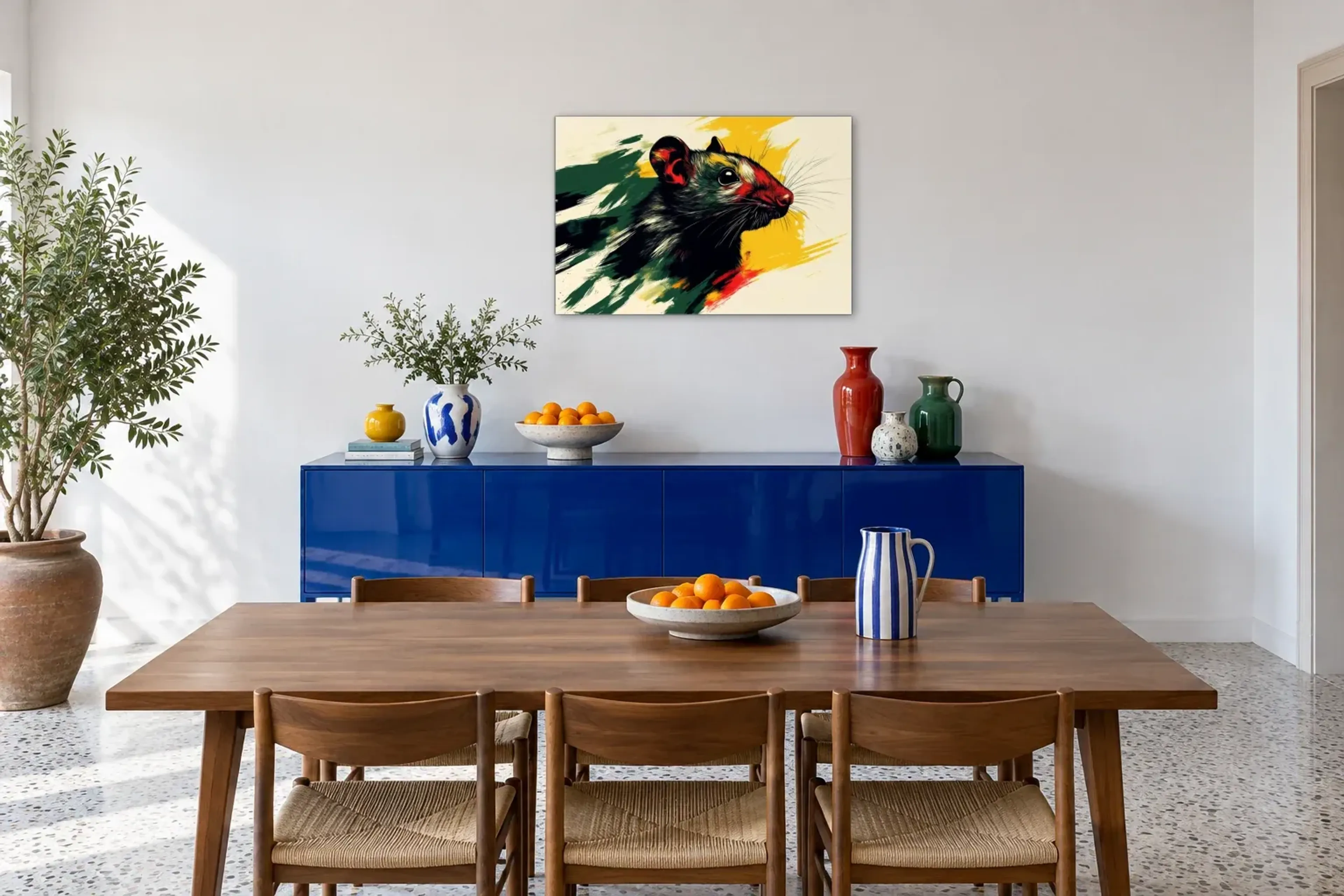Ratte in Farbe als Wandbild über einem 180-cm-Sideboard