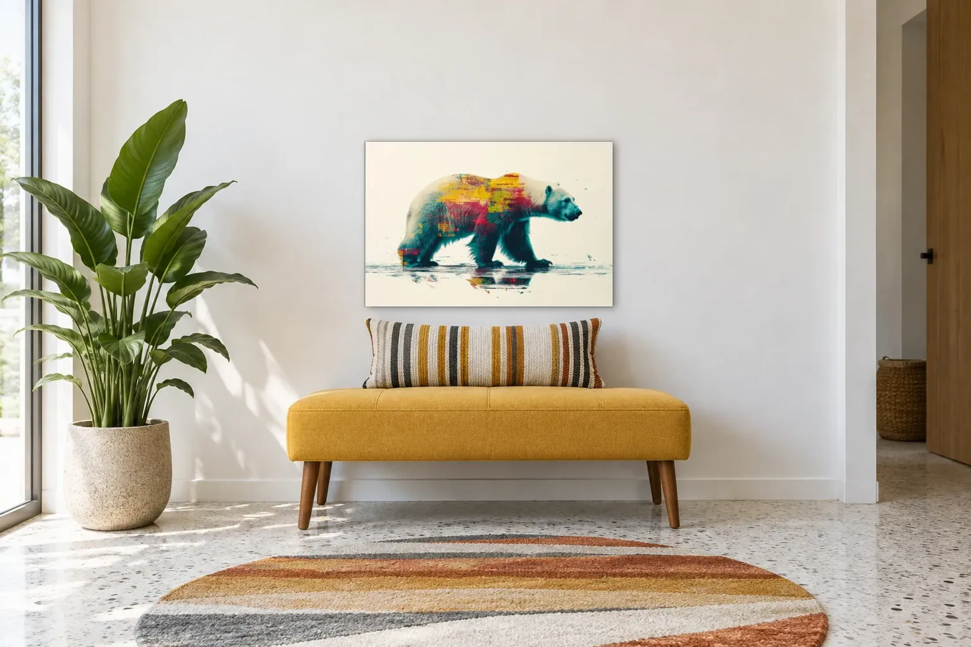 Eisbär mit farbiger Spiegelung als Wandbild über einer 120-cm-Bank