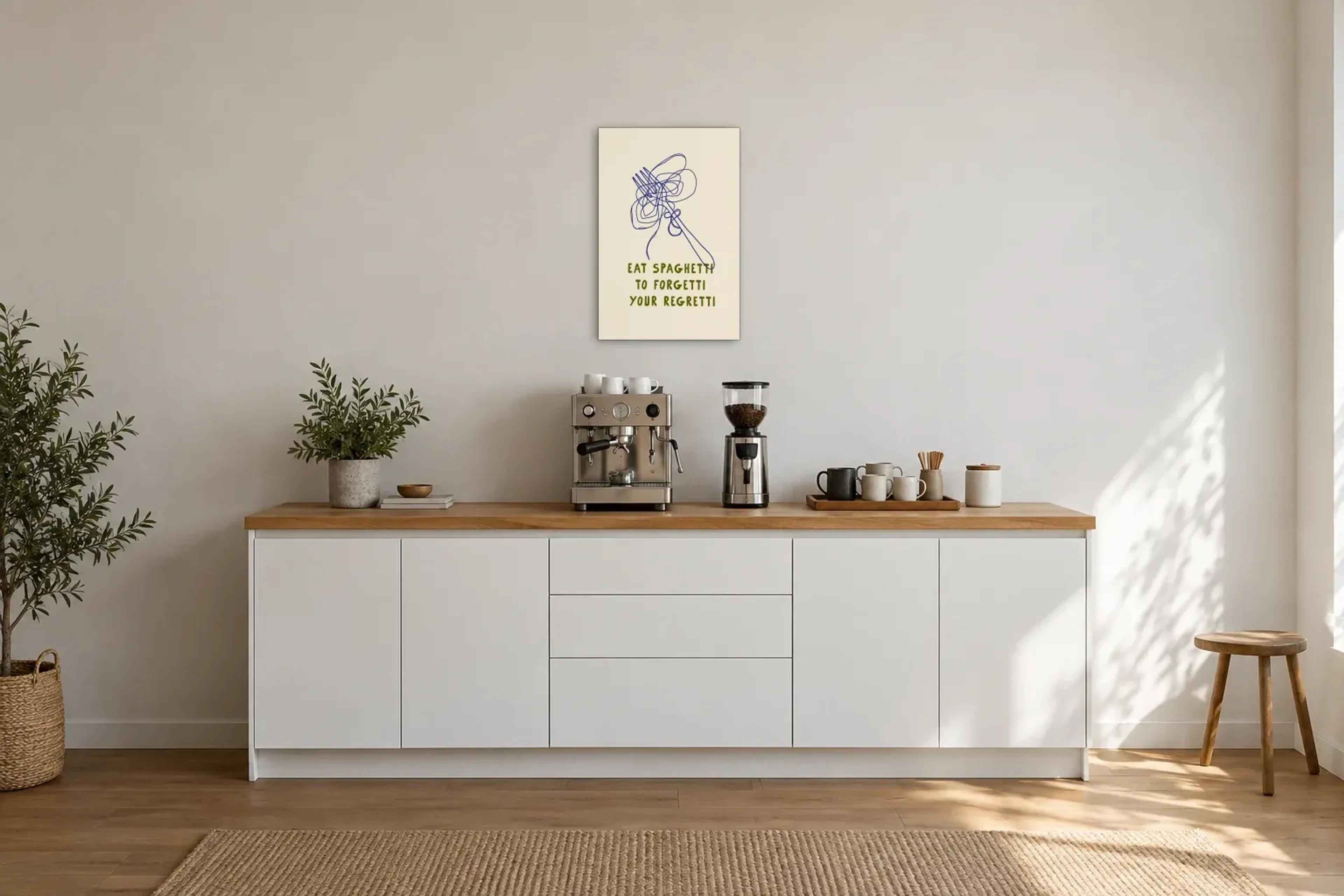Spaghetti mit Wortwitz als Wandbild über einer 200-cm-Arbeitsplatte