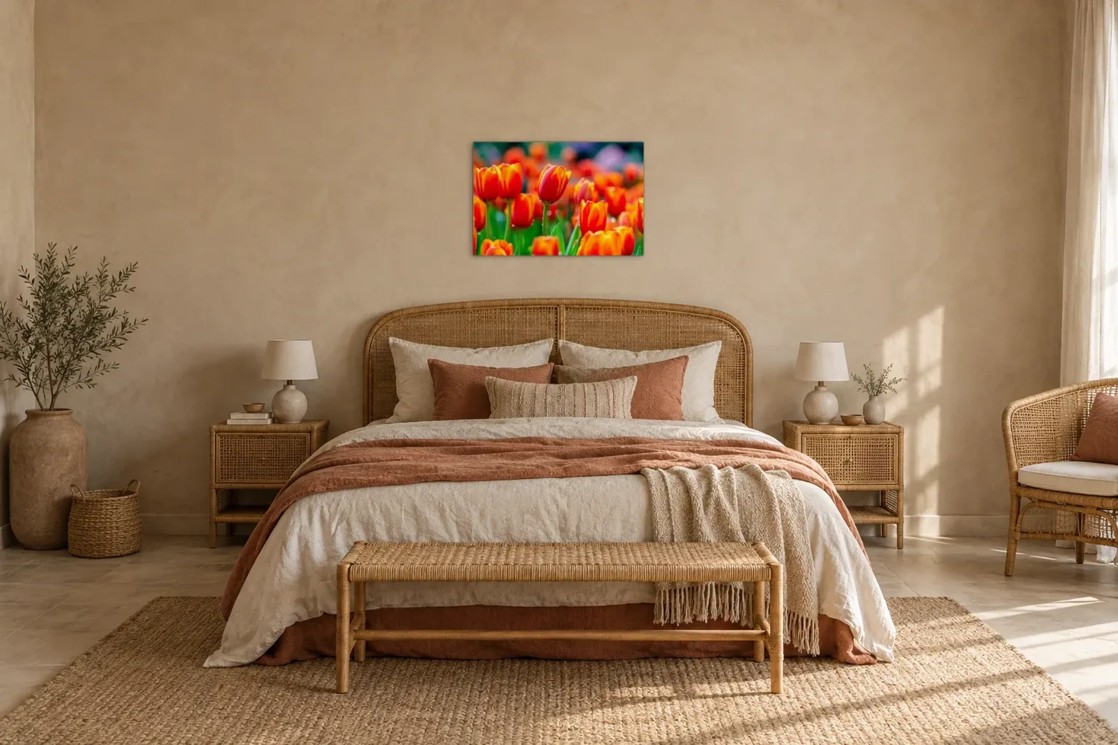 Rotgelbe Tulpen als Wandbild über einem 180-cm-Bett