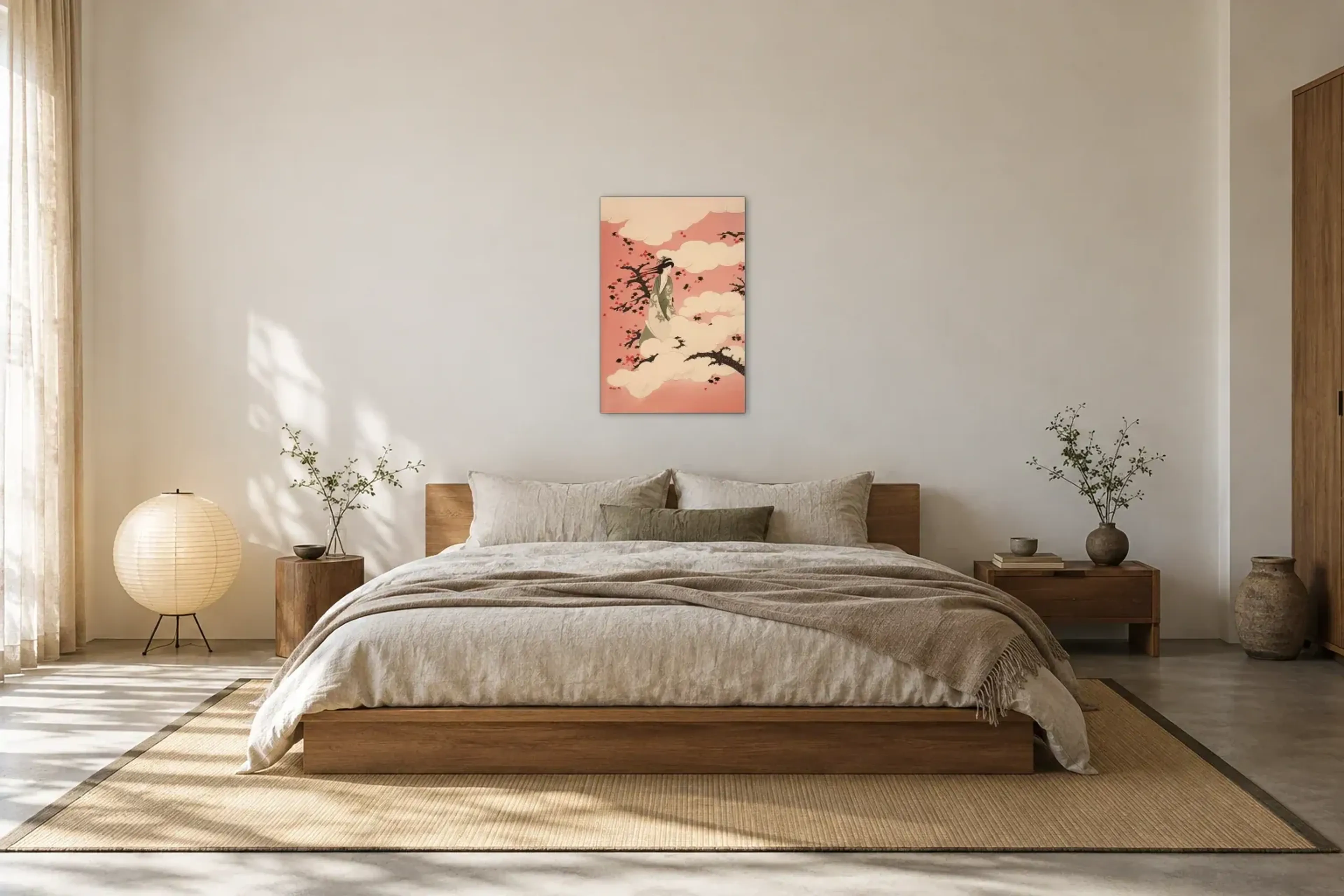 Zwischen Zweigen und Wolken als Wandbild über einem 180-cm-Bett