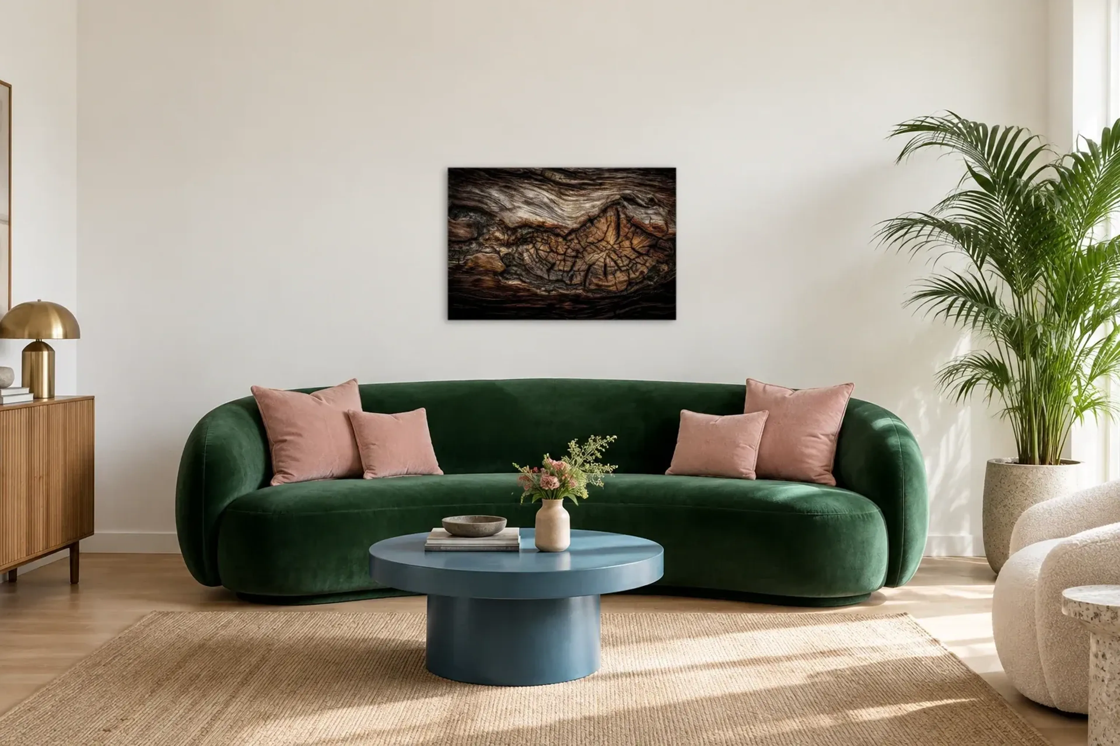 Maserung und Risse als Wandbild über einem 220-cm-Sofa