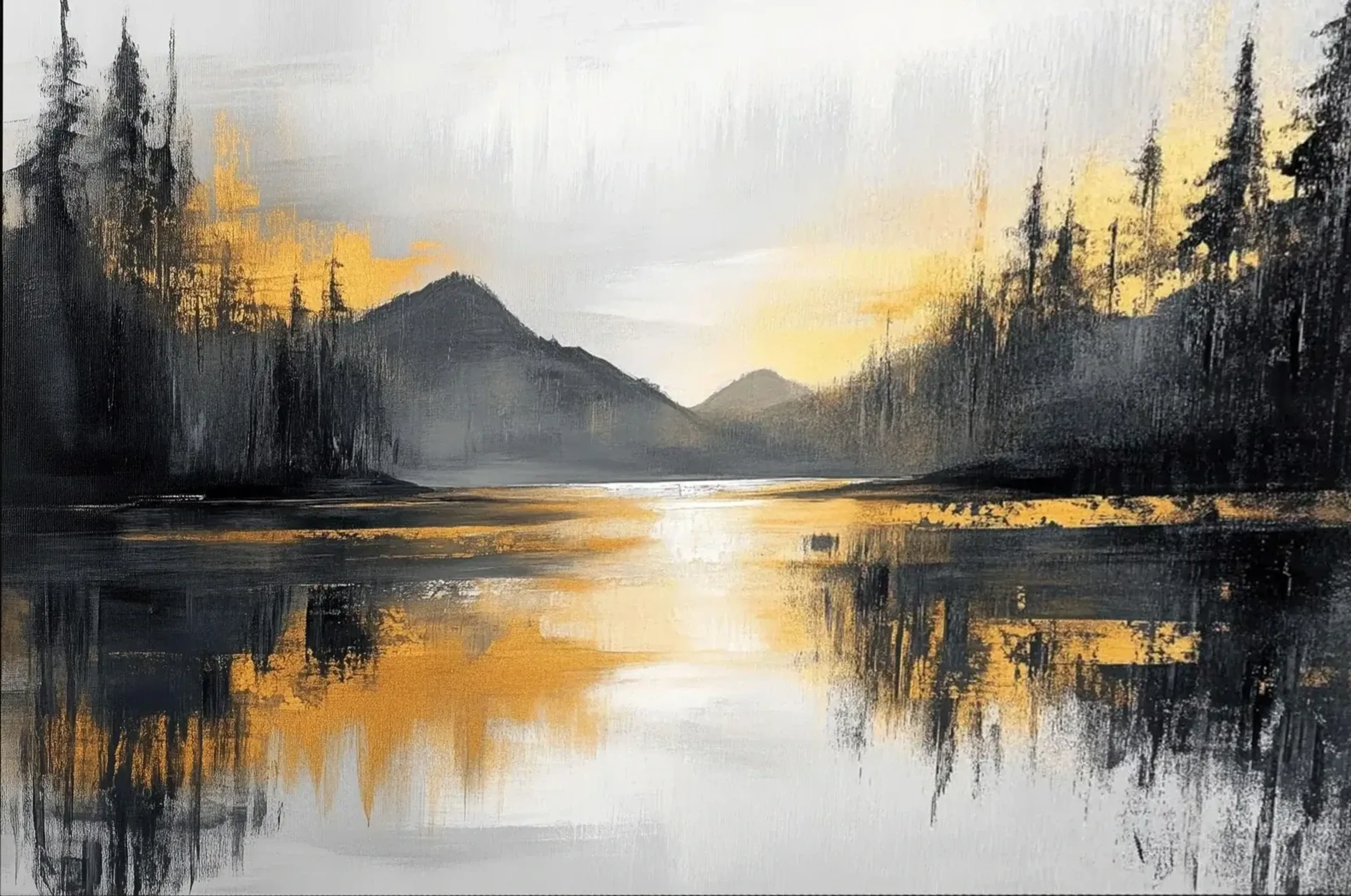 Bergsee im goldenen Licht – Motiv als Wandbild auf Holz