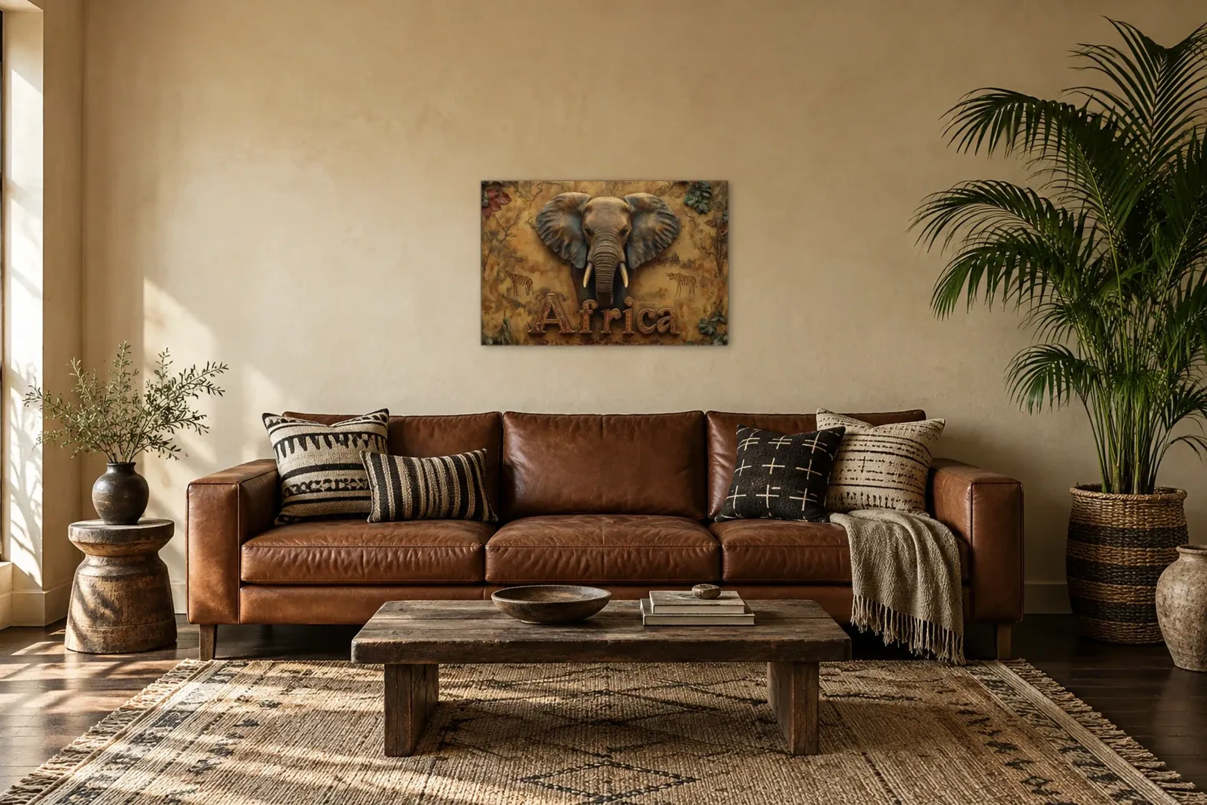 Elefantenkopf als Wandbild über einem 220-cm-Sofa