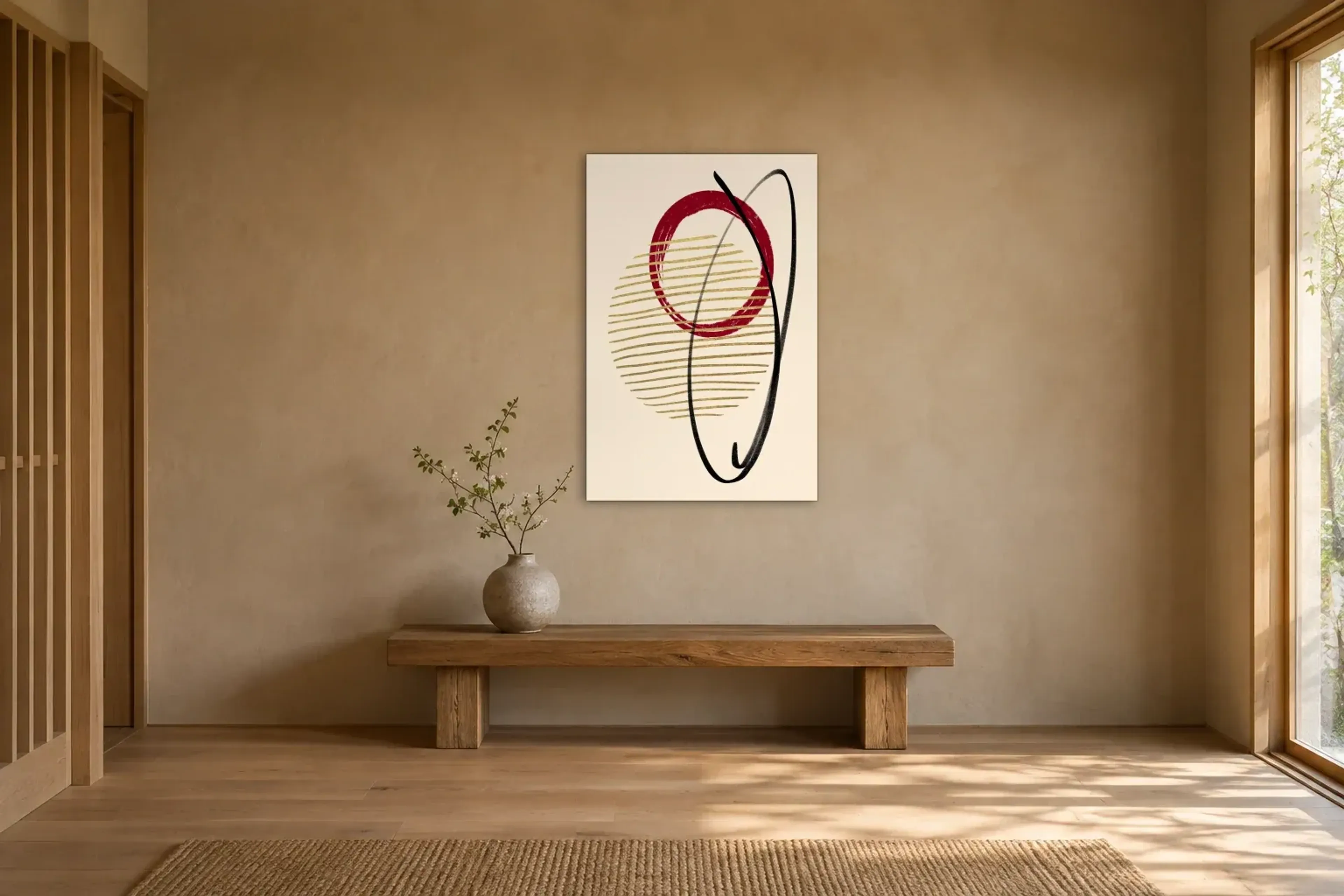 Roter Ring und Goldlinien als Wandbild über einer 120-cm-Holzbank