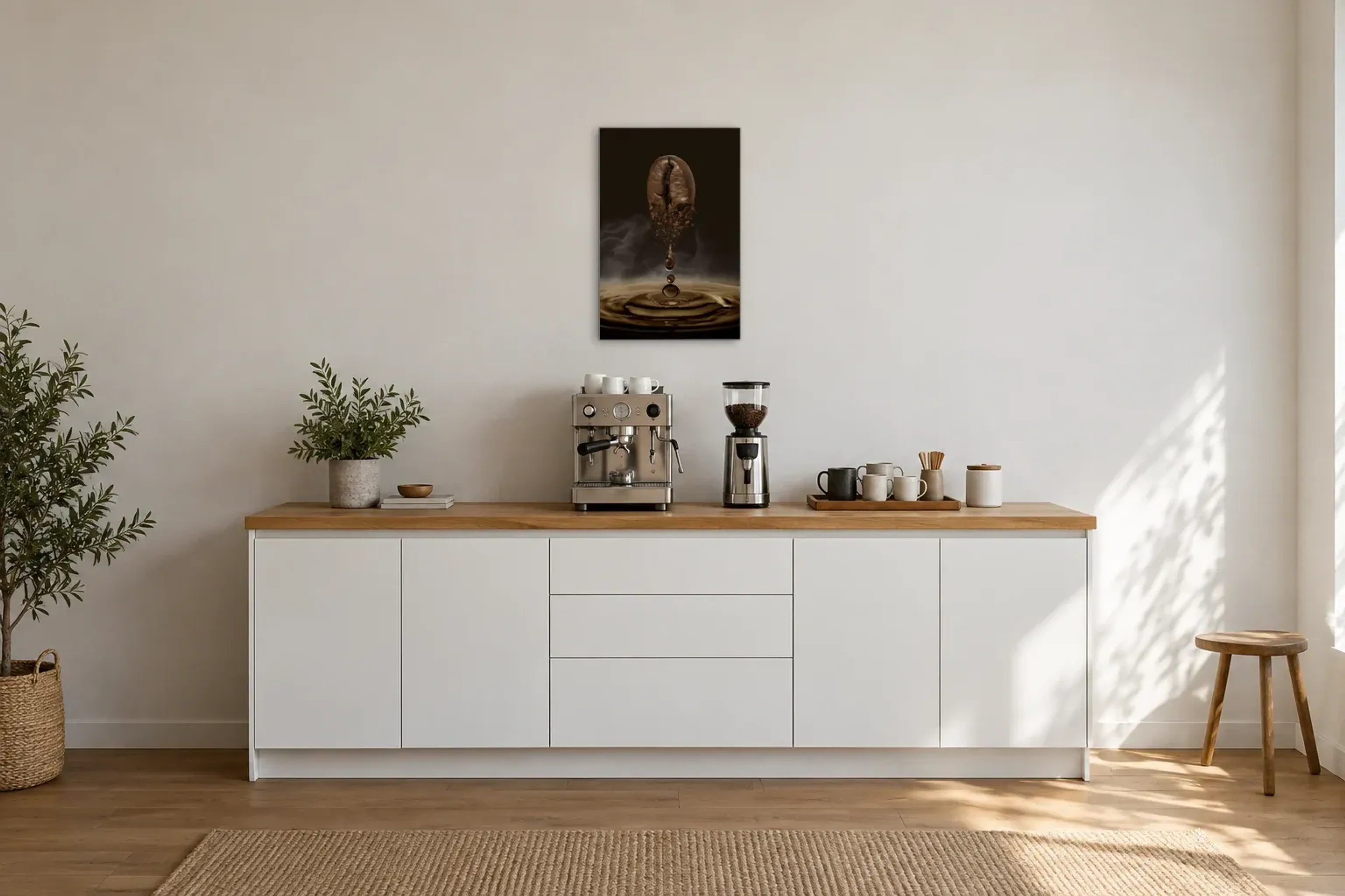 Kaffeebohne und Tropfen als Wandbild über einer 200-cm-Arbeitsplatte