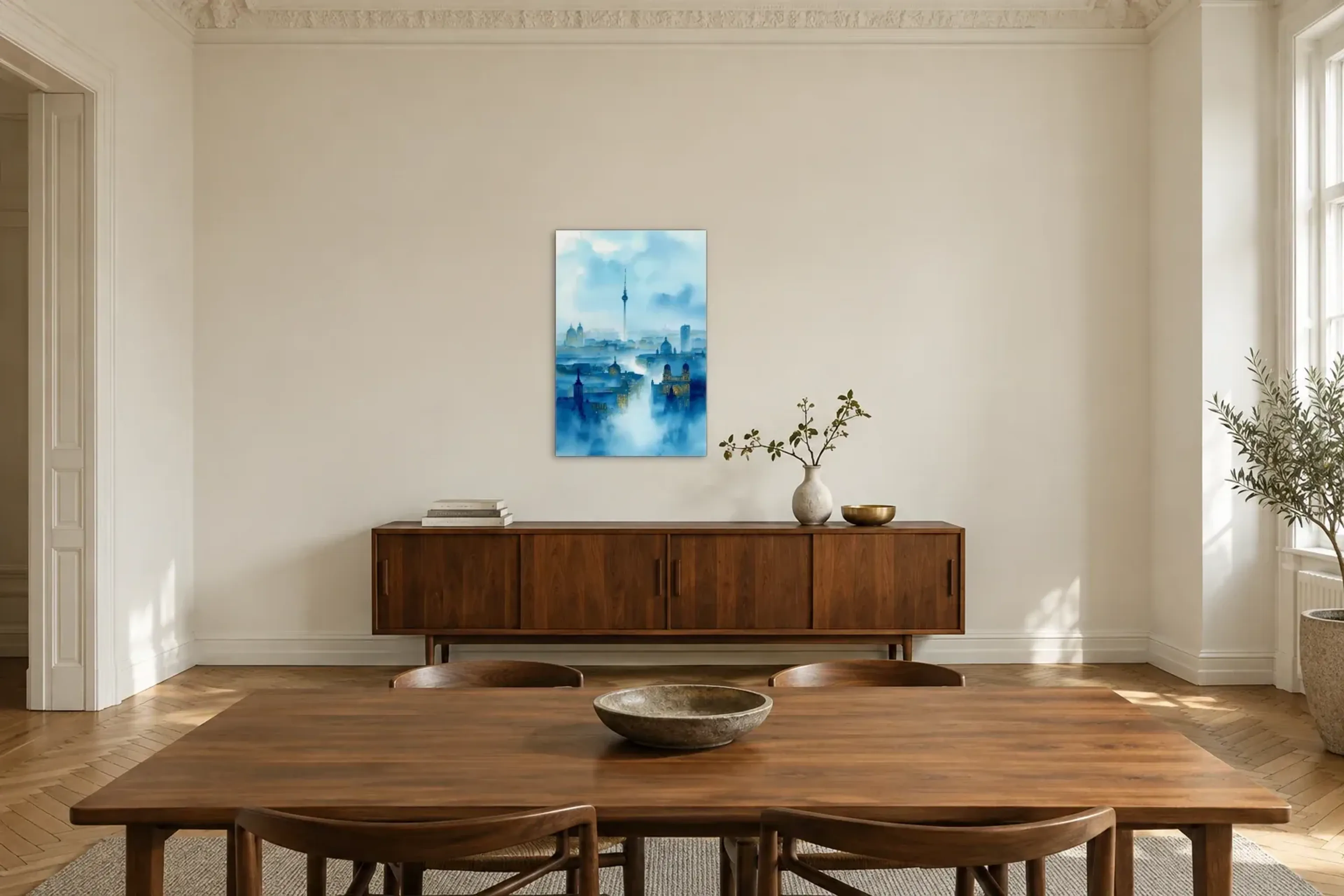 Berlin im blauen Nebel als Wandbild über einem 200-cm-Sideboard
