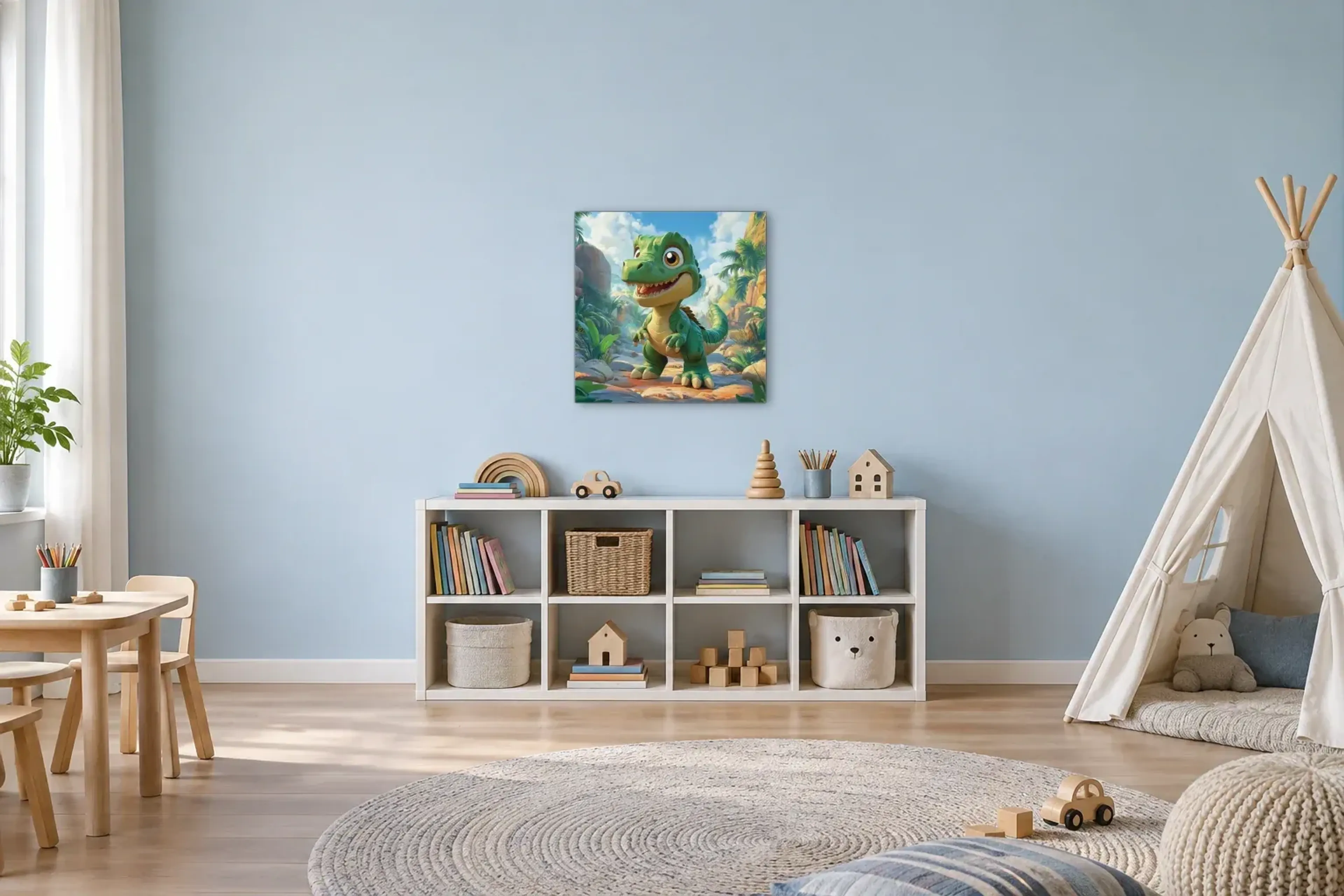 Grüner Dino im Sonnental als Wandbild über einem 120-cm-Spielregal
