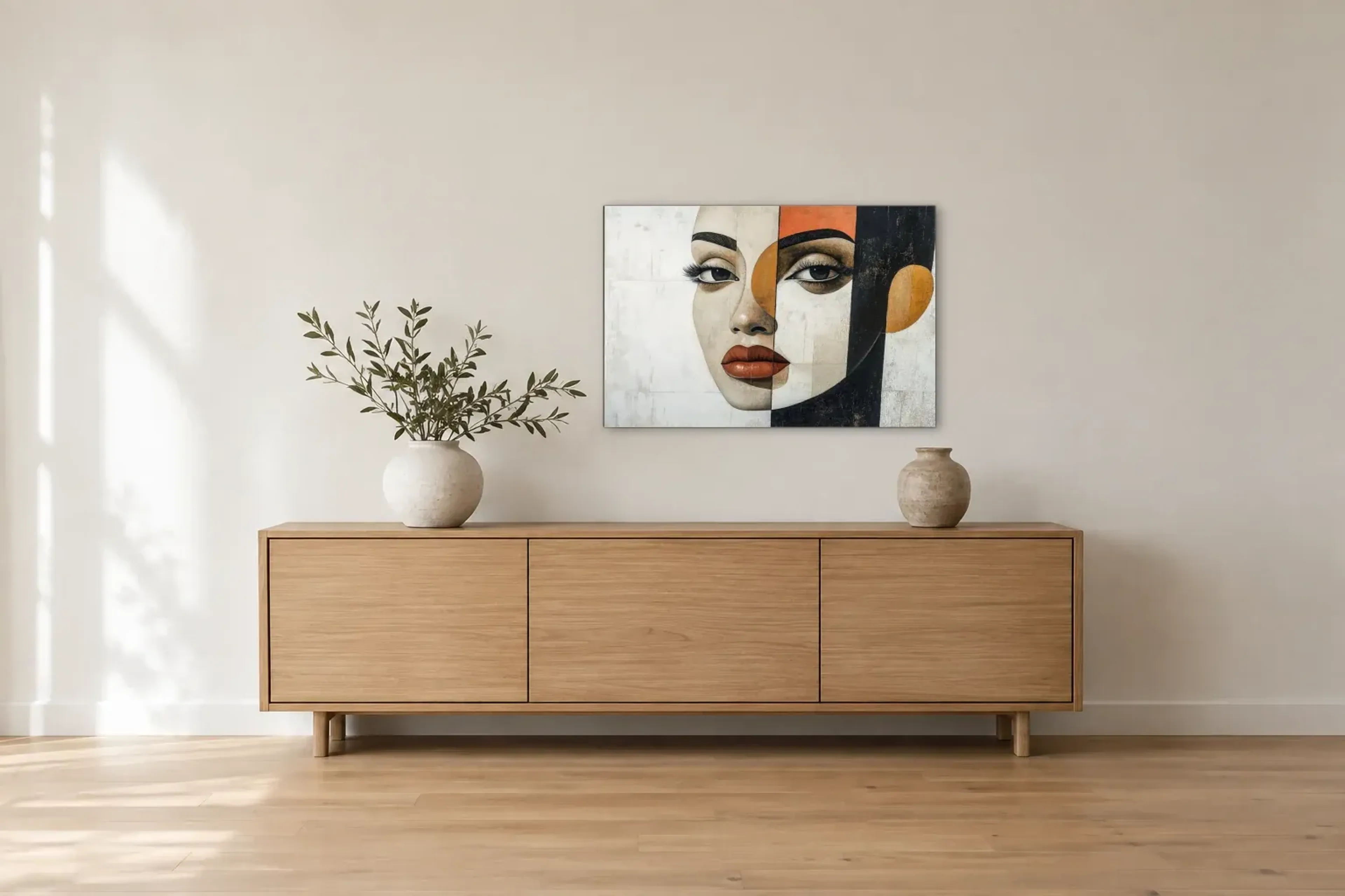 Gesicht in Geometrie als Wandbild über einem 180-cm-Sideboard