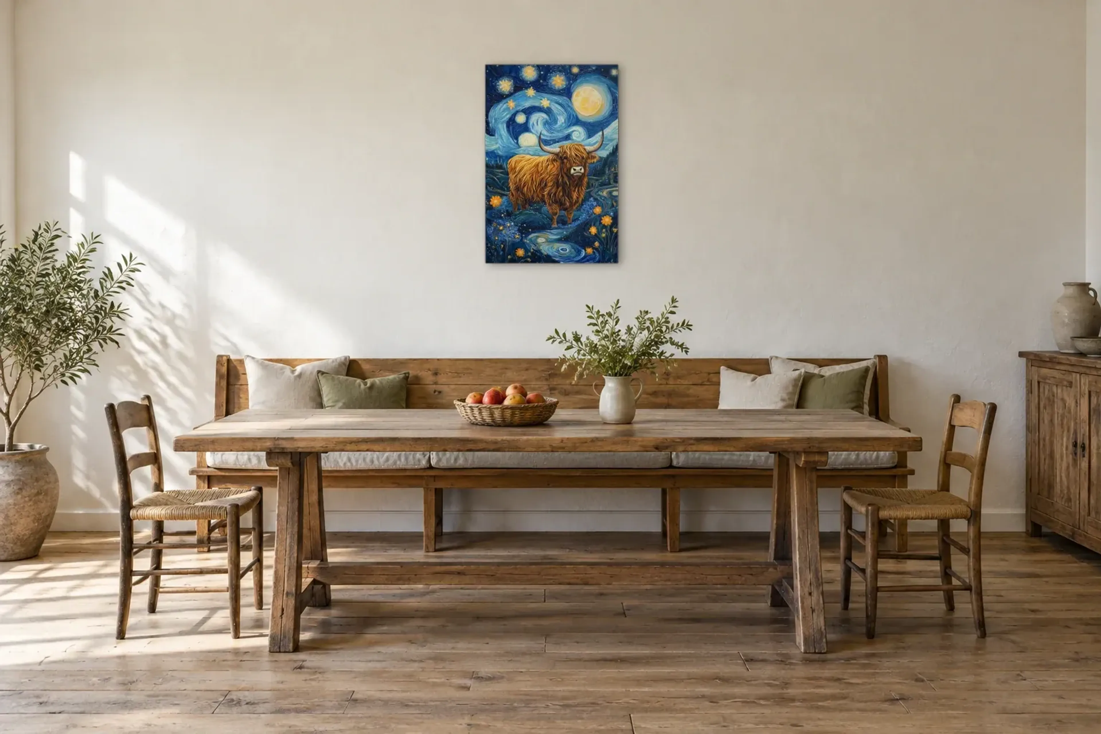 Hochlandrind im Sternenwirbel als Wandbild über einer 200-cm-Sitzbank