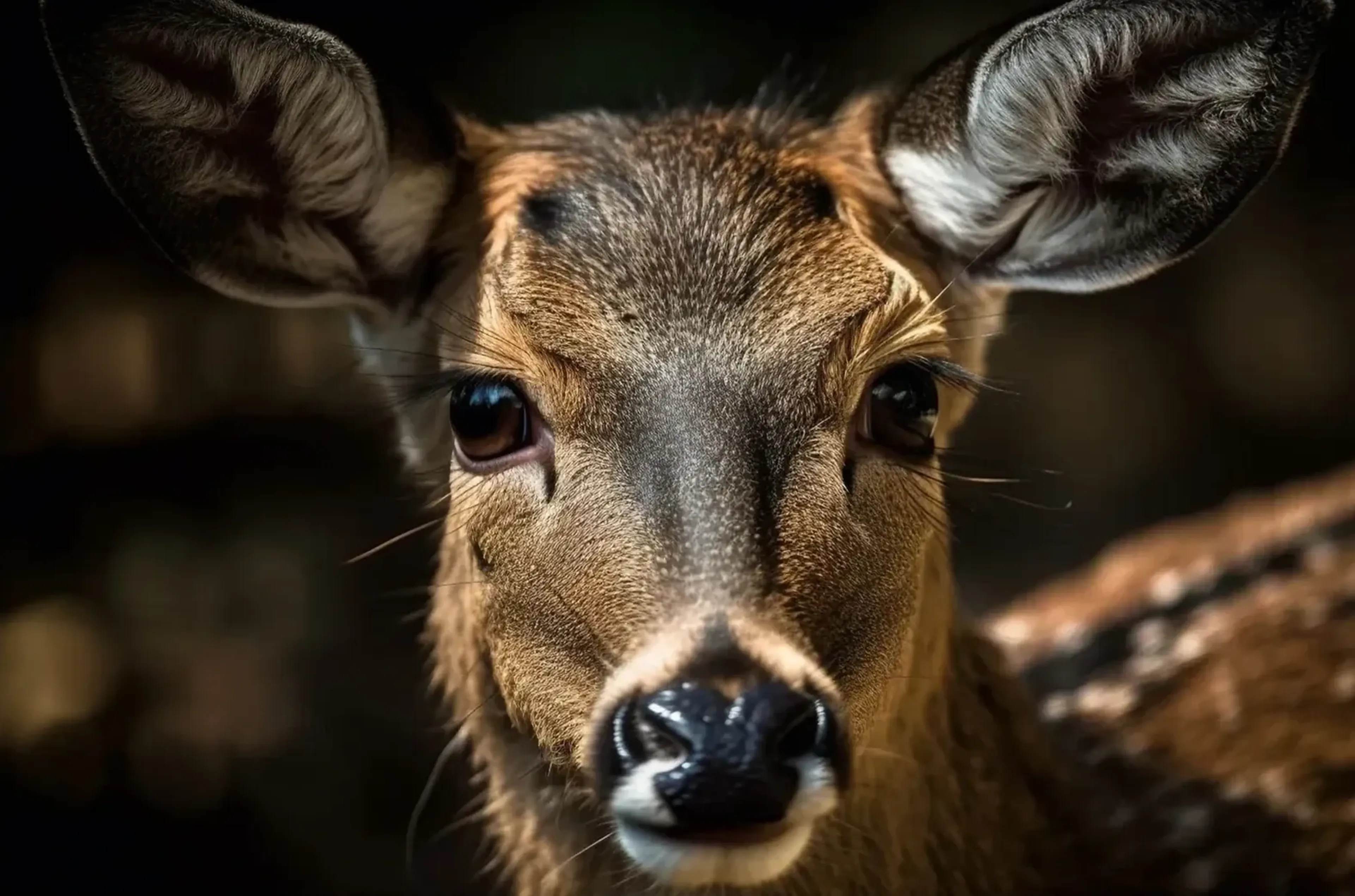 Nahes Porträt einer Hirschkuh mit großen dunklen Augen, breiten Ohren und schwarzer Nase vor unscharfem Wald.