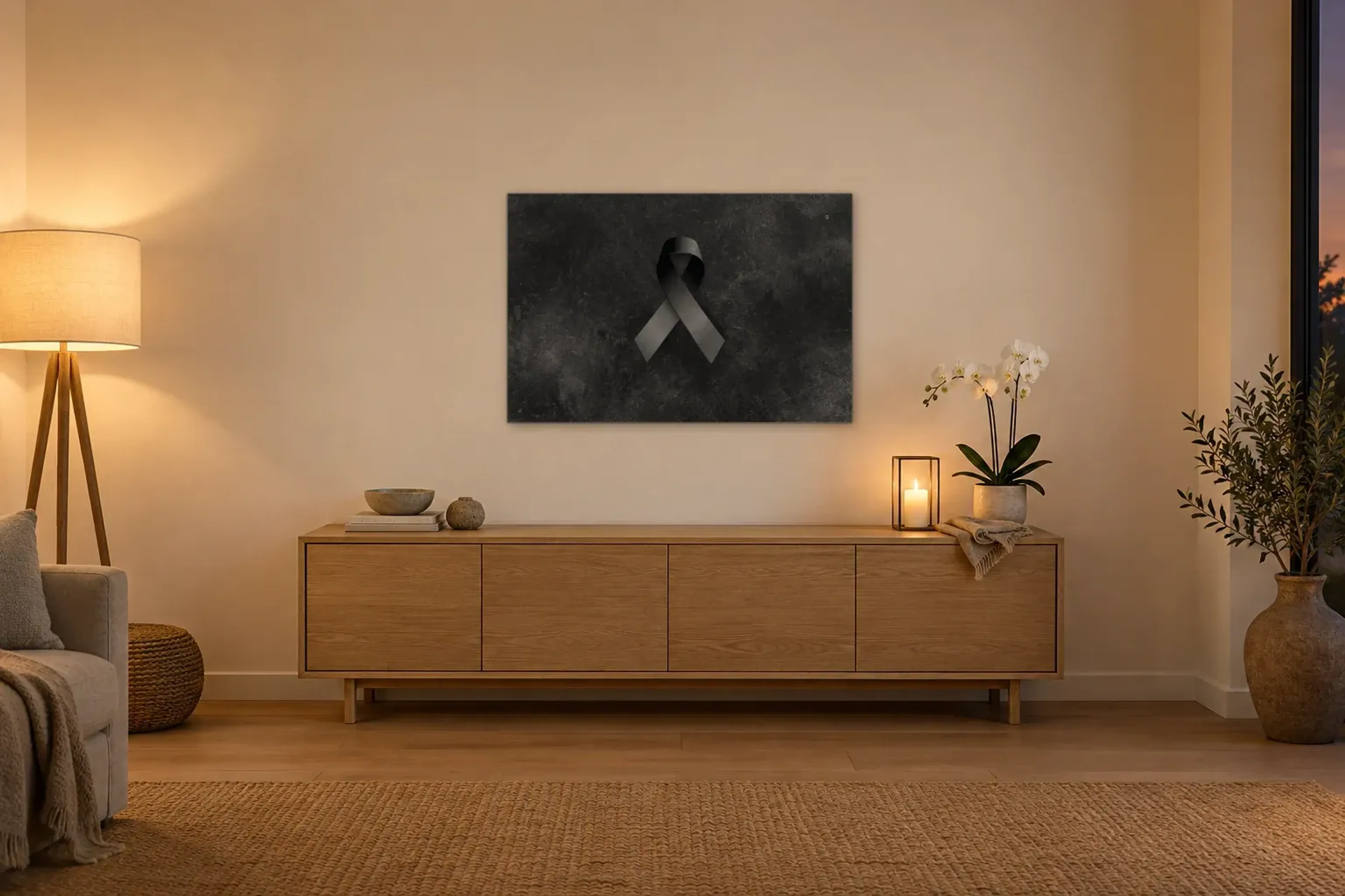 Schwarze Trauerschleife als Wandbild über einem 160-cm-Sideboard