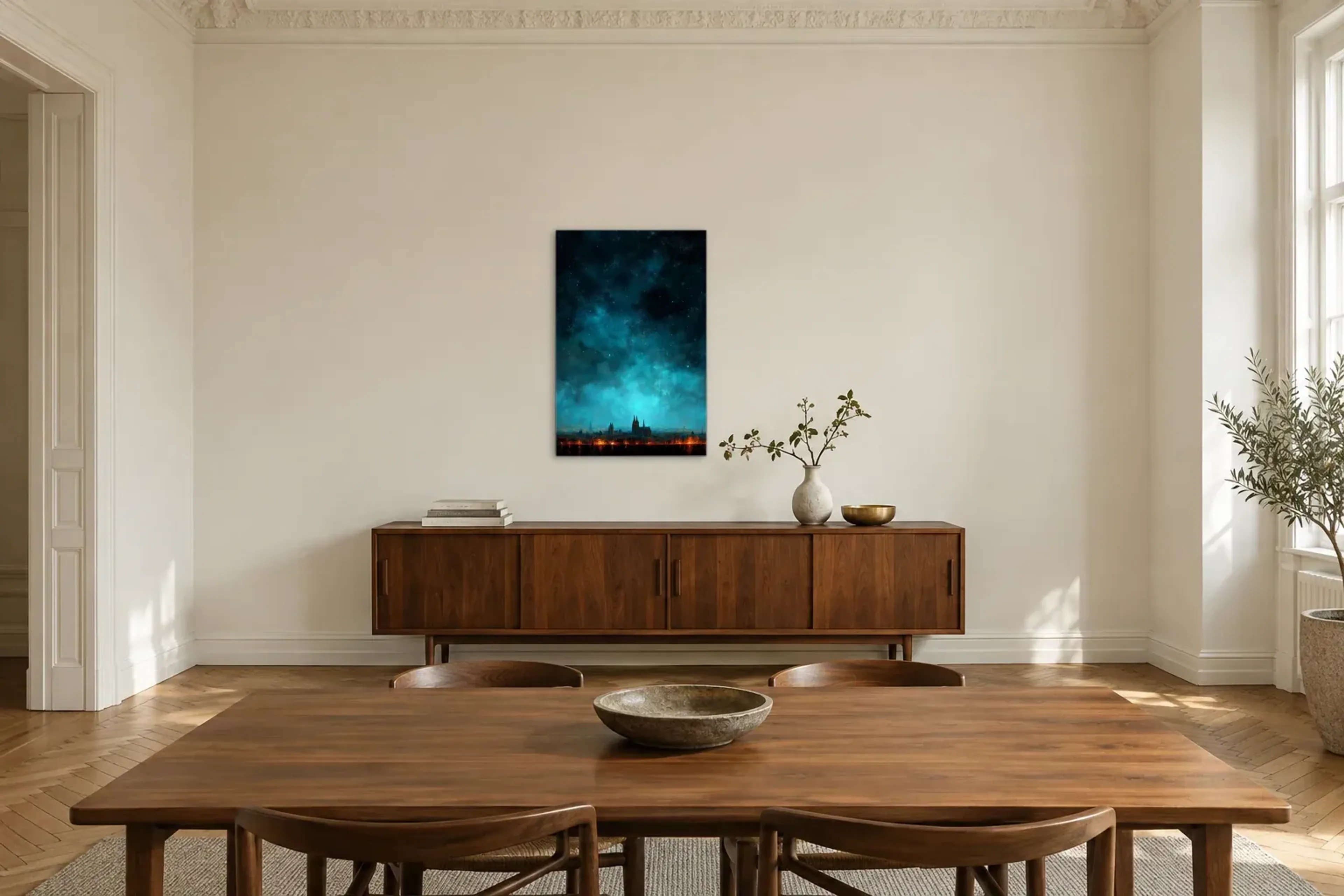 Köln unter Sternen als Wandbild über einem 200-cm-Sideboard