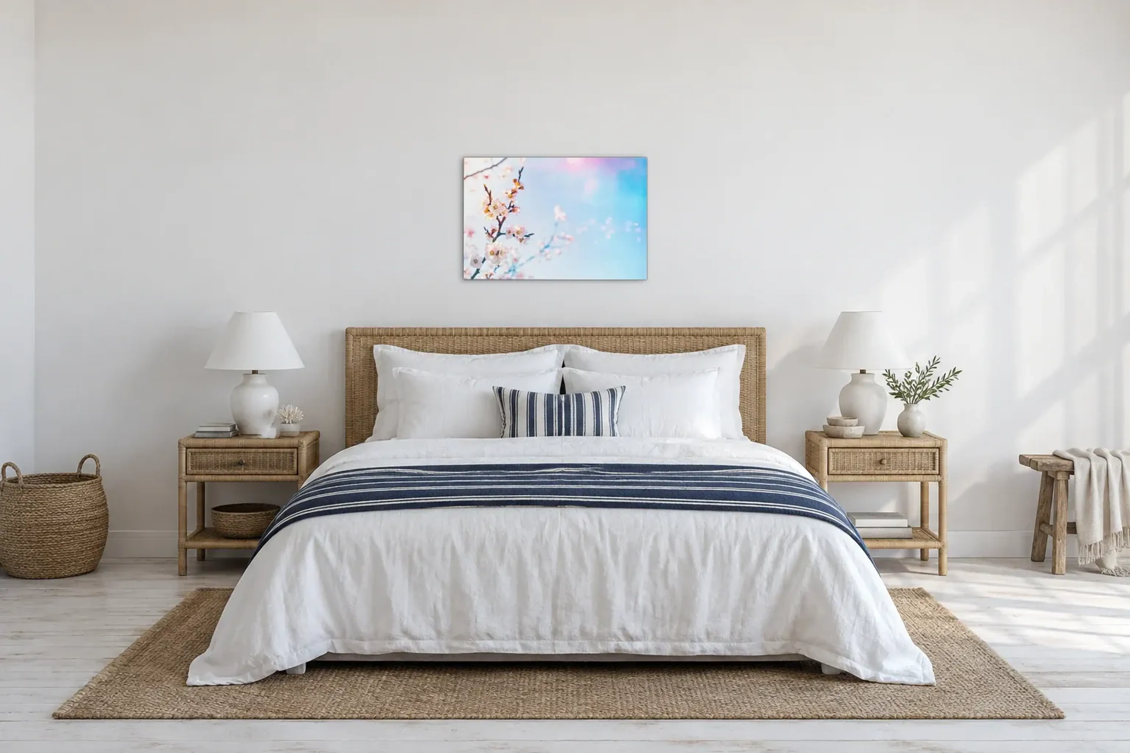 Kirschblüten im Licht als Wandbild über einem 180-cm-Bett