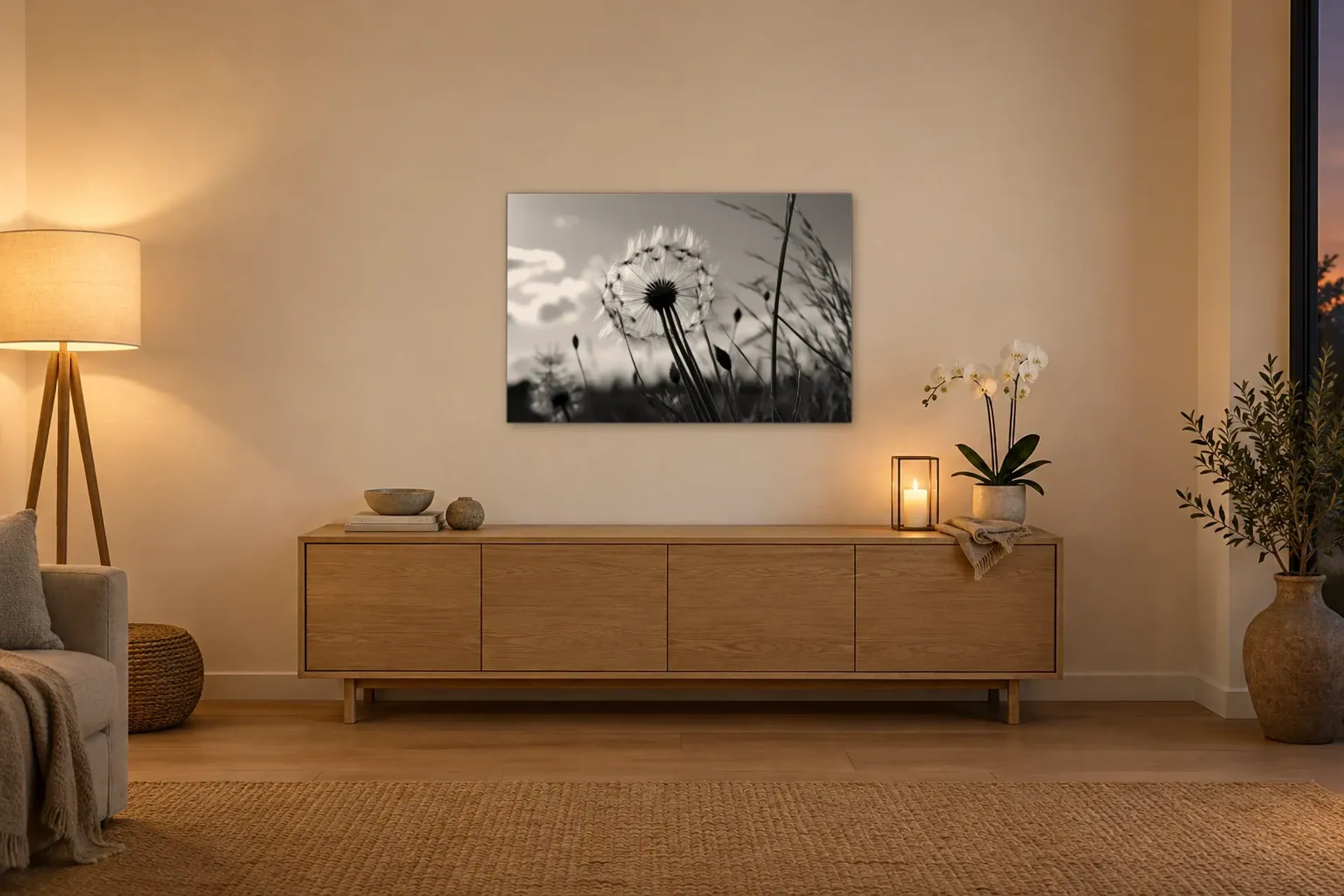 Löwenzahn in Schwarz-Weiß als Wandbild über einem 160-cm-Sideboard