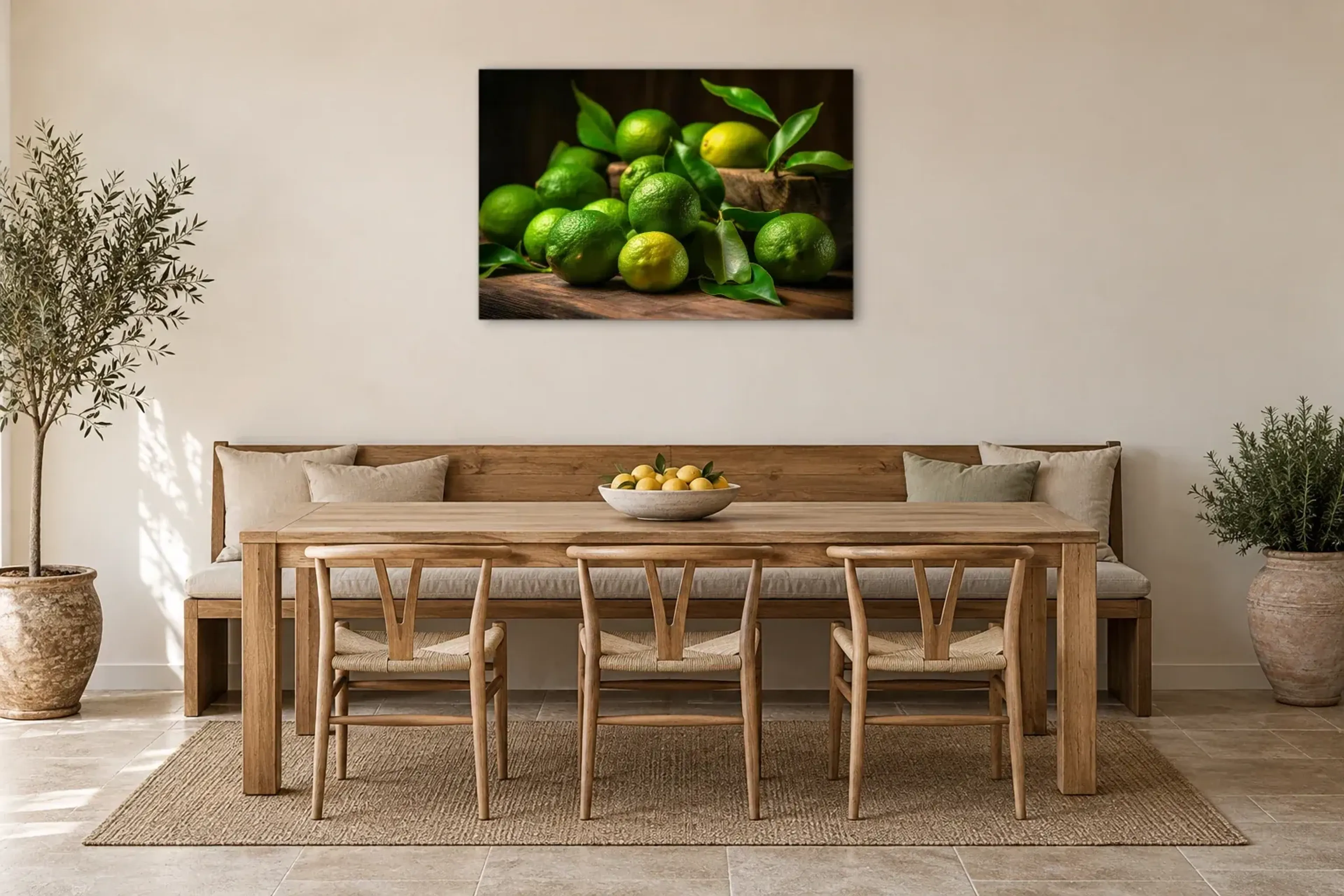Limetten auf Holz als Wandbild über einer 200-cm-Sitzbank