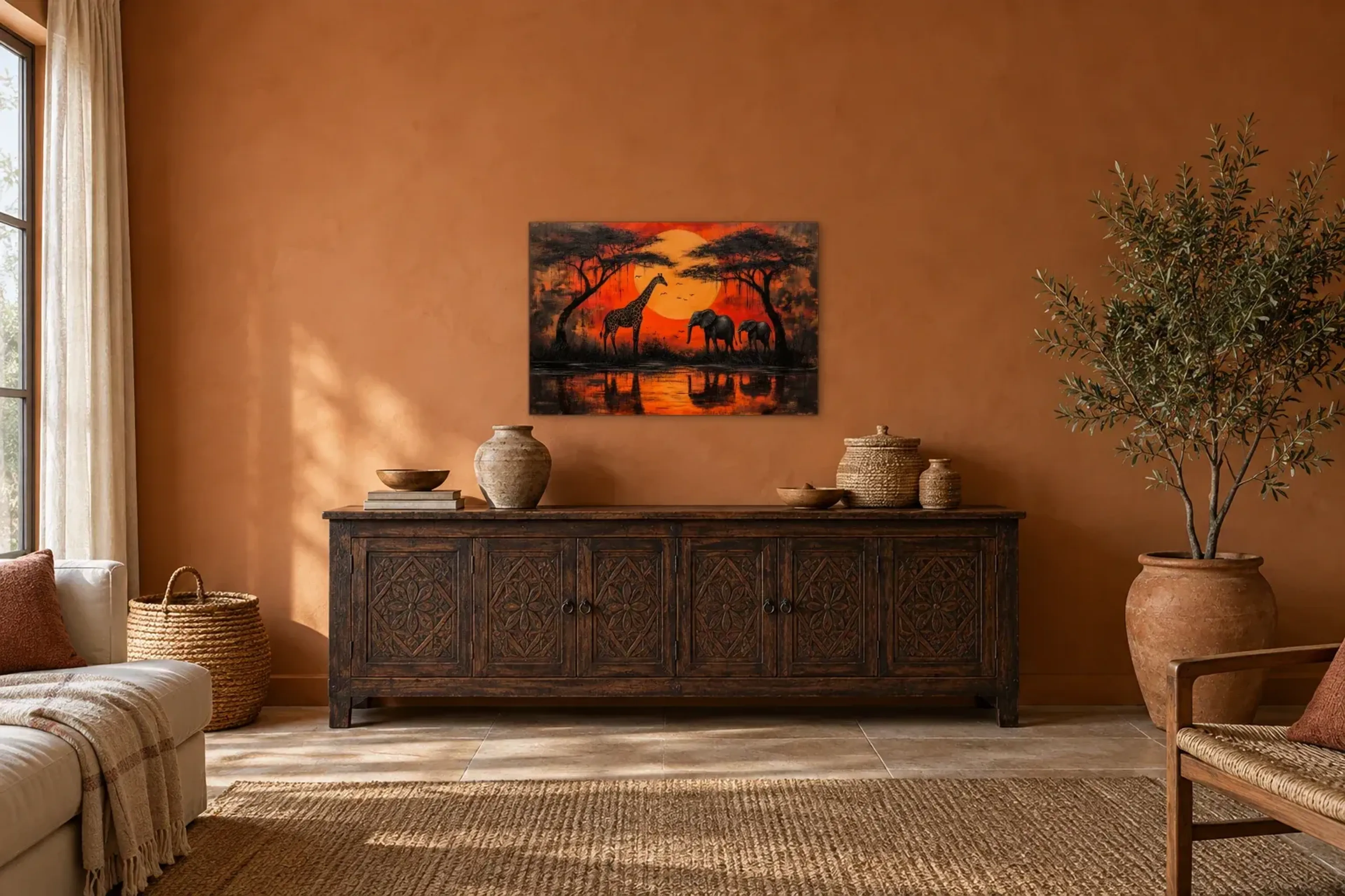 Sonnenruhe am Ufer als Wandbild über einem 180-cm-Sideboard