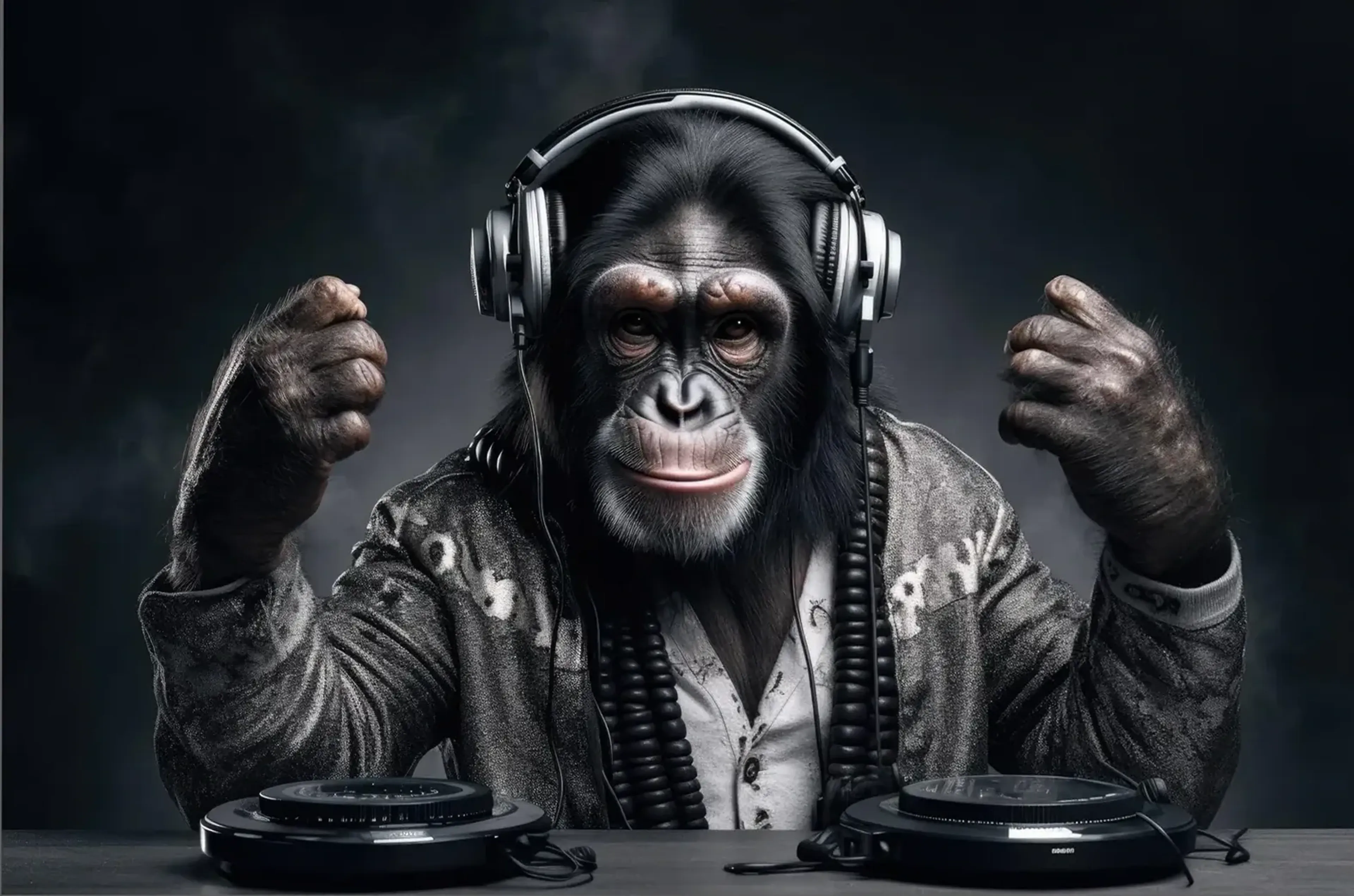 Affe mit Kopfhörern und gemustertem Jackett hinter zwei DJ-Geräten, beide Fäuste erhoben.