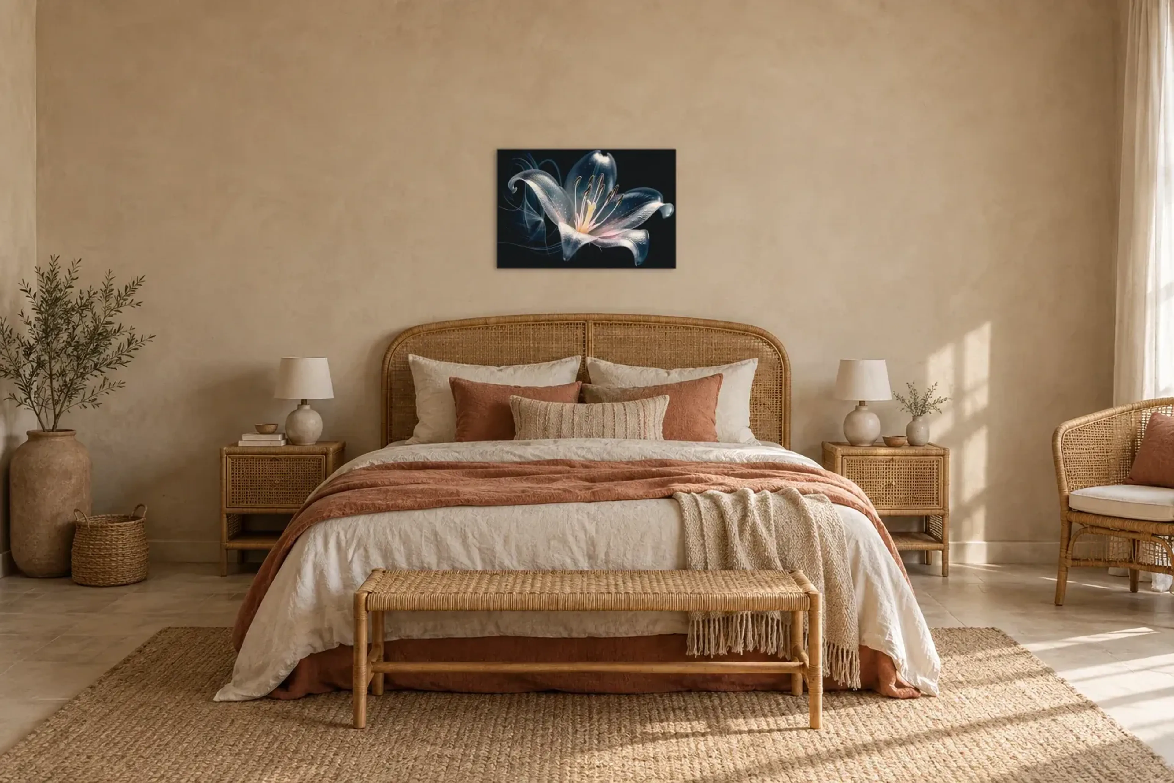 Silbrig schimmernde Lilie als Wandbild über einem 180-cm-Bett