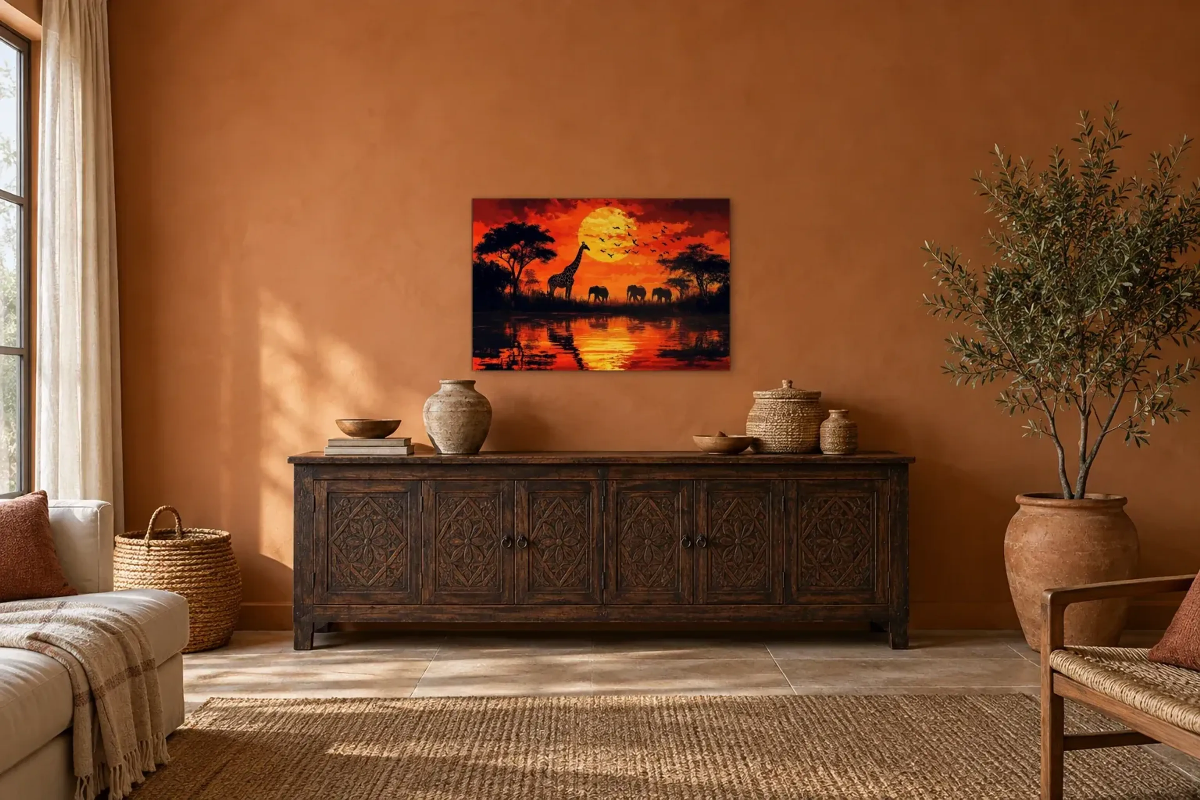 Tiere im Abendrot als Wandbild über einem 180-cm-Sideboard