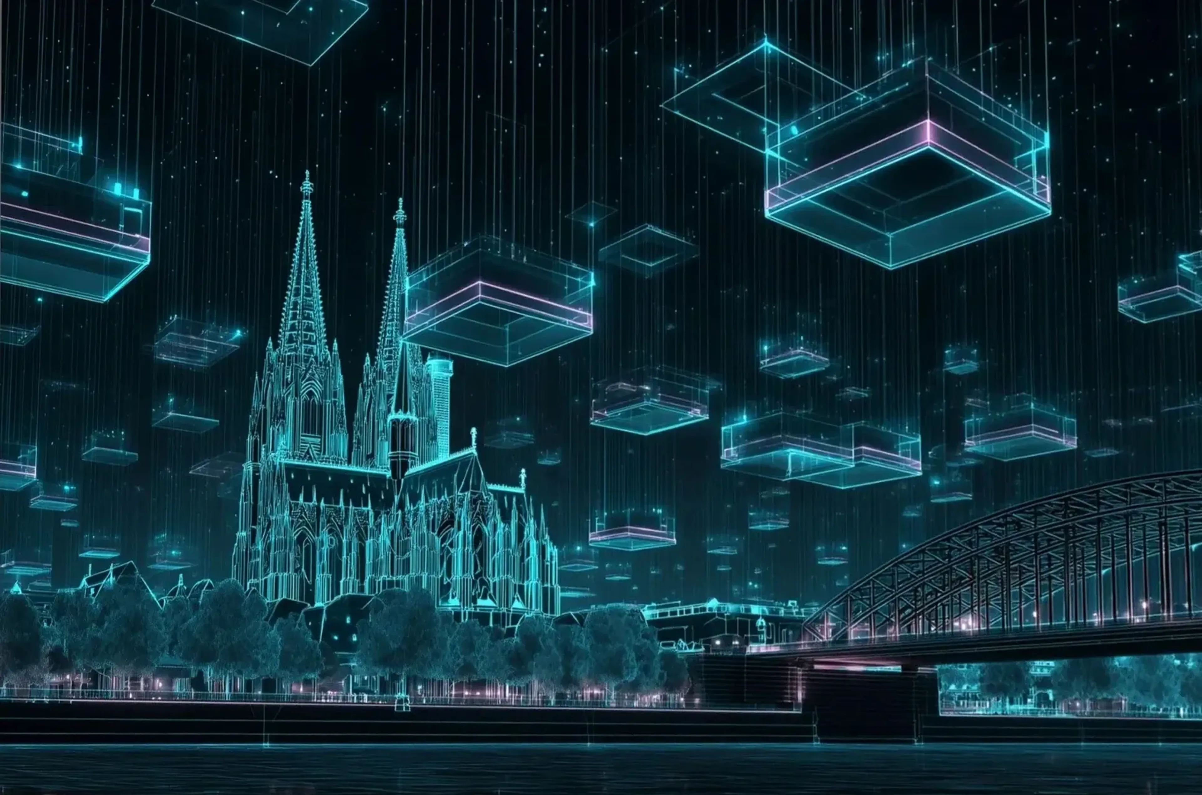 Türkis leuchtender Kölner Dom mit Brücke unter schwebenden geometrischen Körpern und senkrechten Lichtspuren.