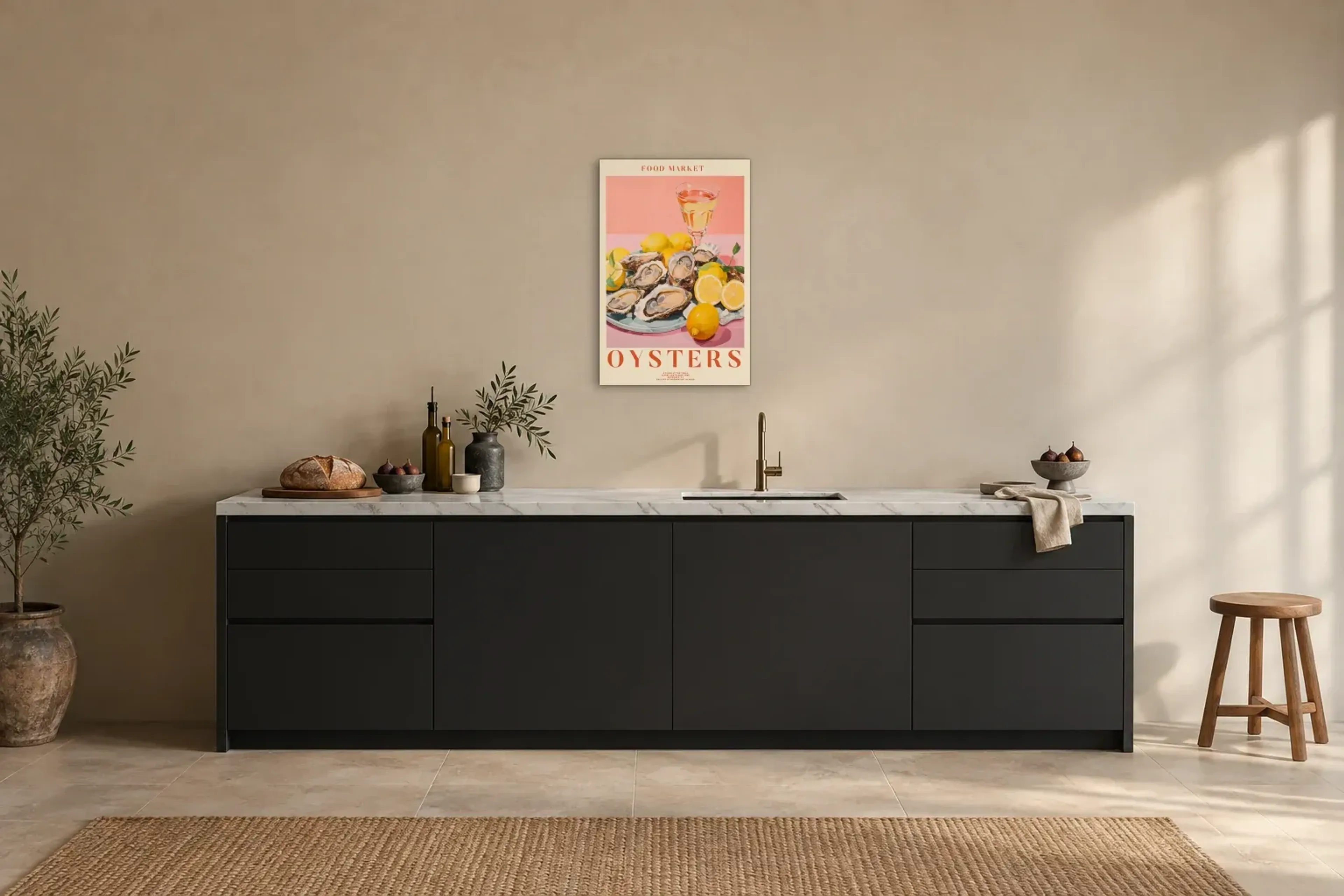 Austern Oysters als Wandbild über einer 200-cm-Arbeitsplatte