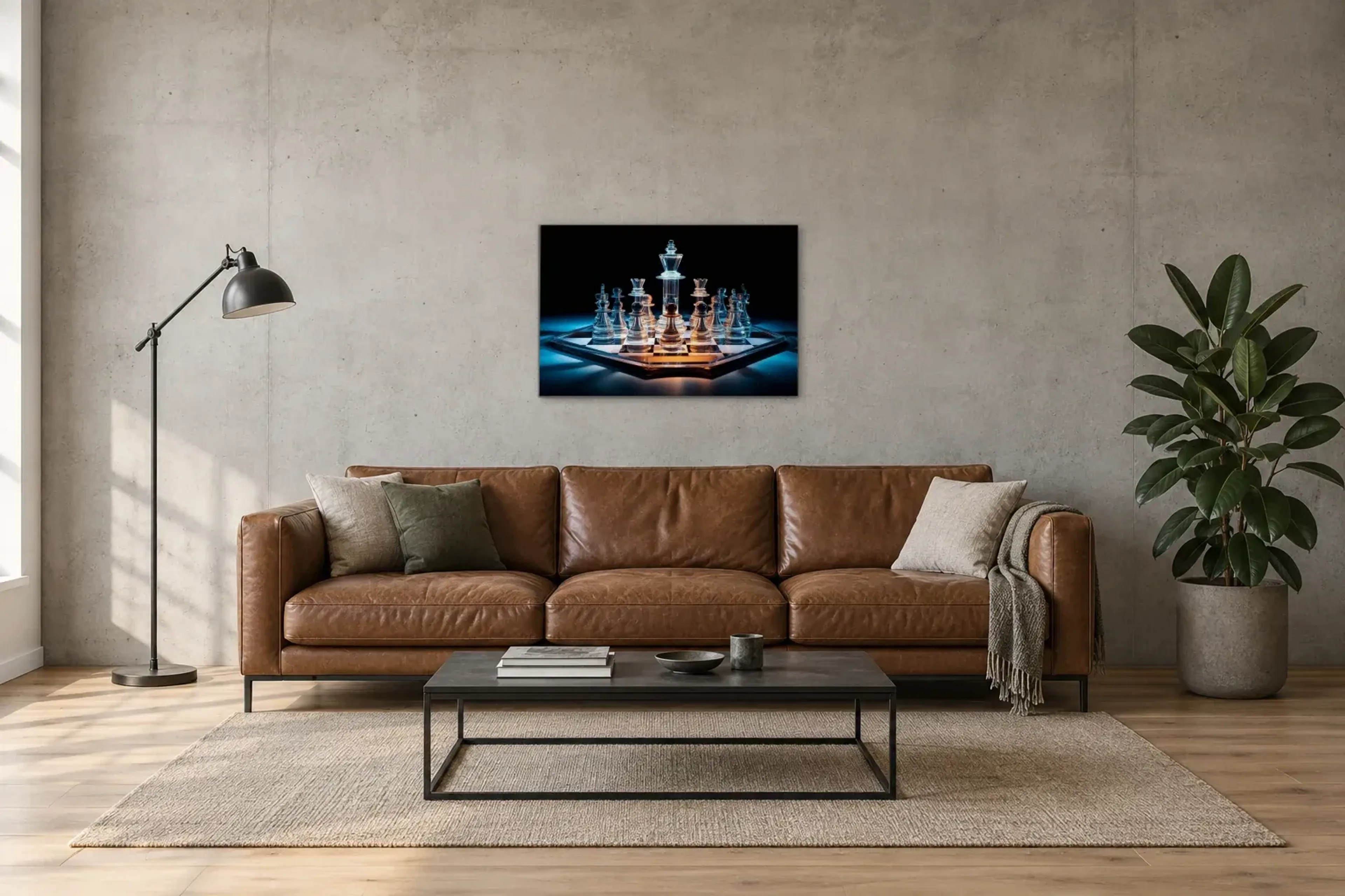 Schach-Spiel aus Glas als Wandbild über einem 220-cm-Sofa