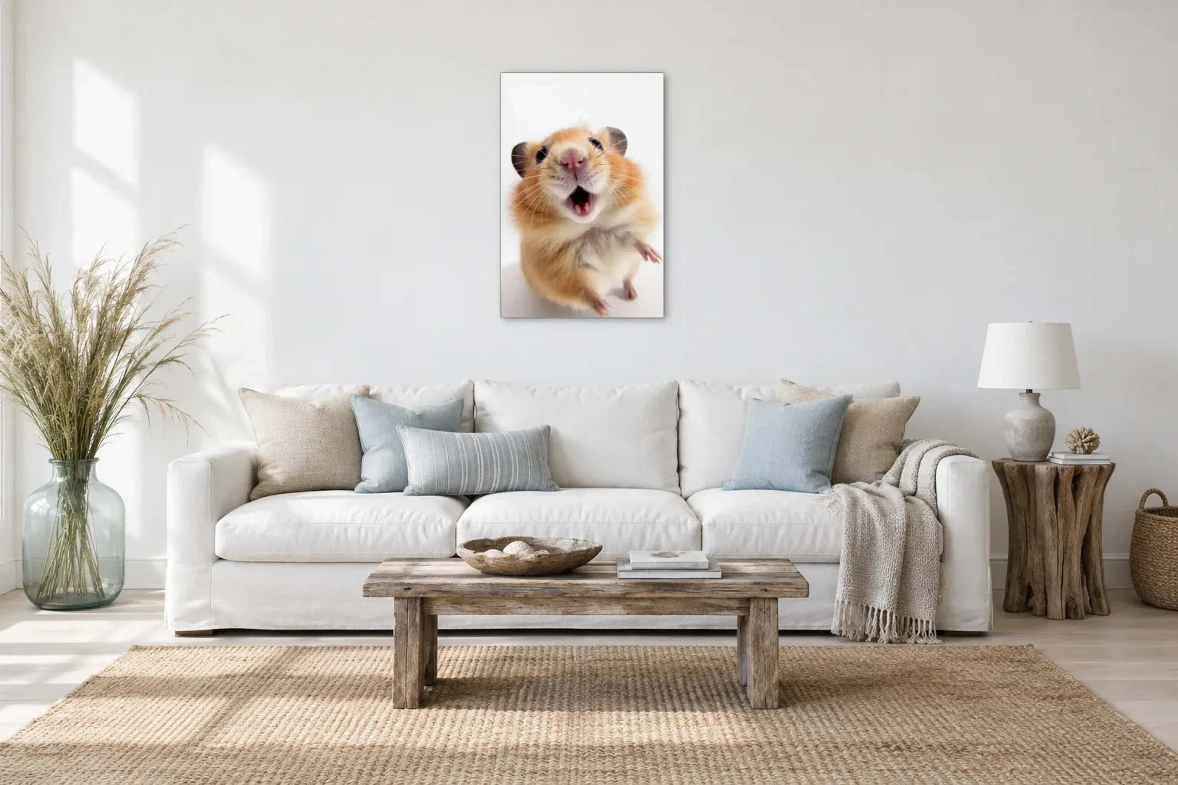 Hamster mit offenem Mäulchen als Wandbild über einem 220-cm-Sofa