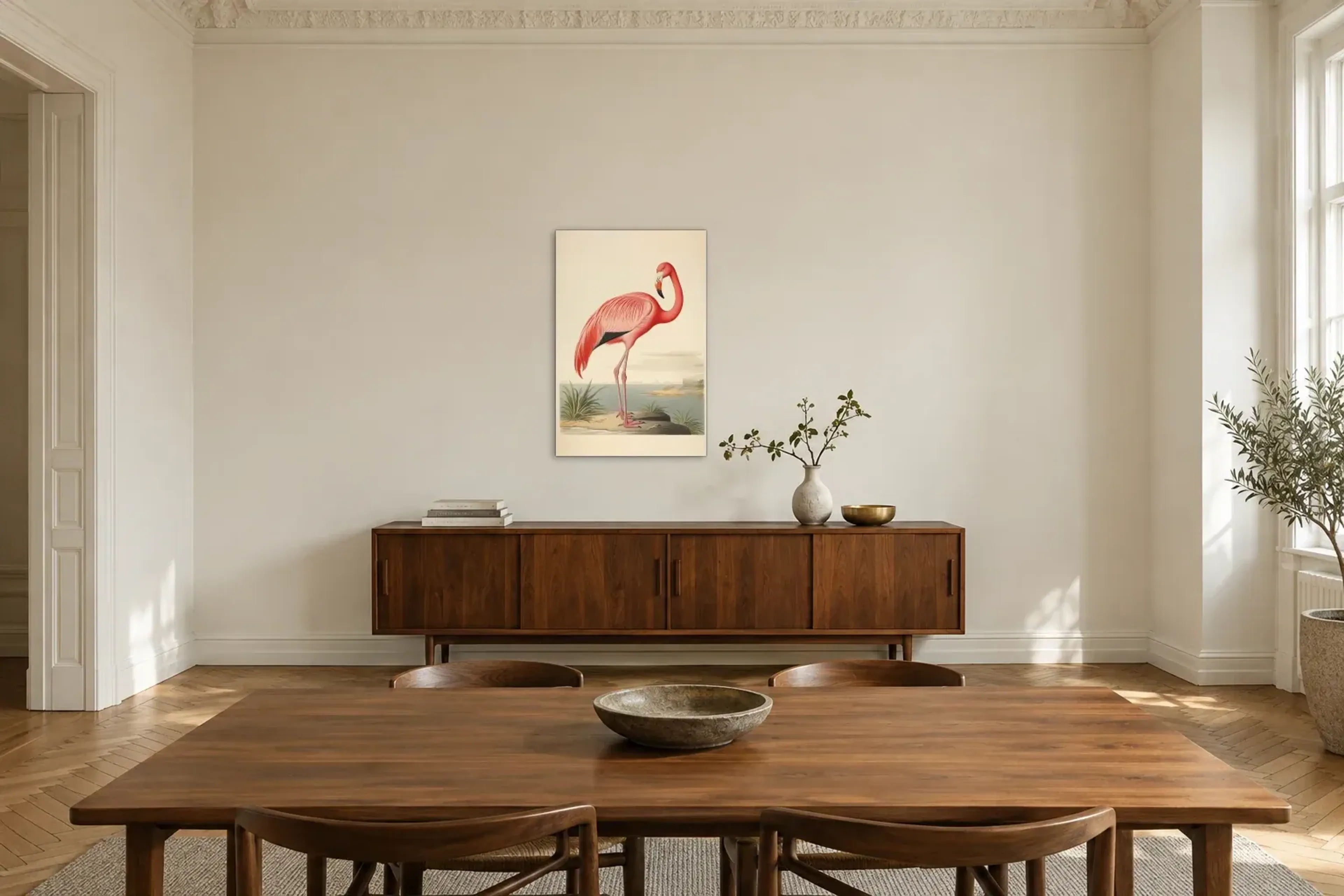 Flamingo am Ufer als Wandbild über einem 200-cm-Sideboard