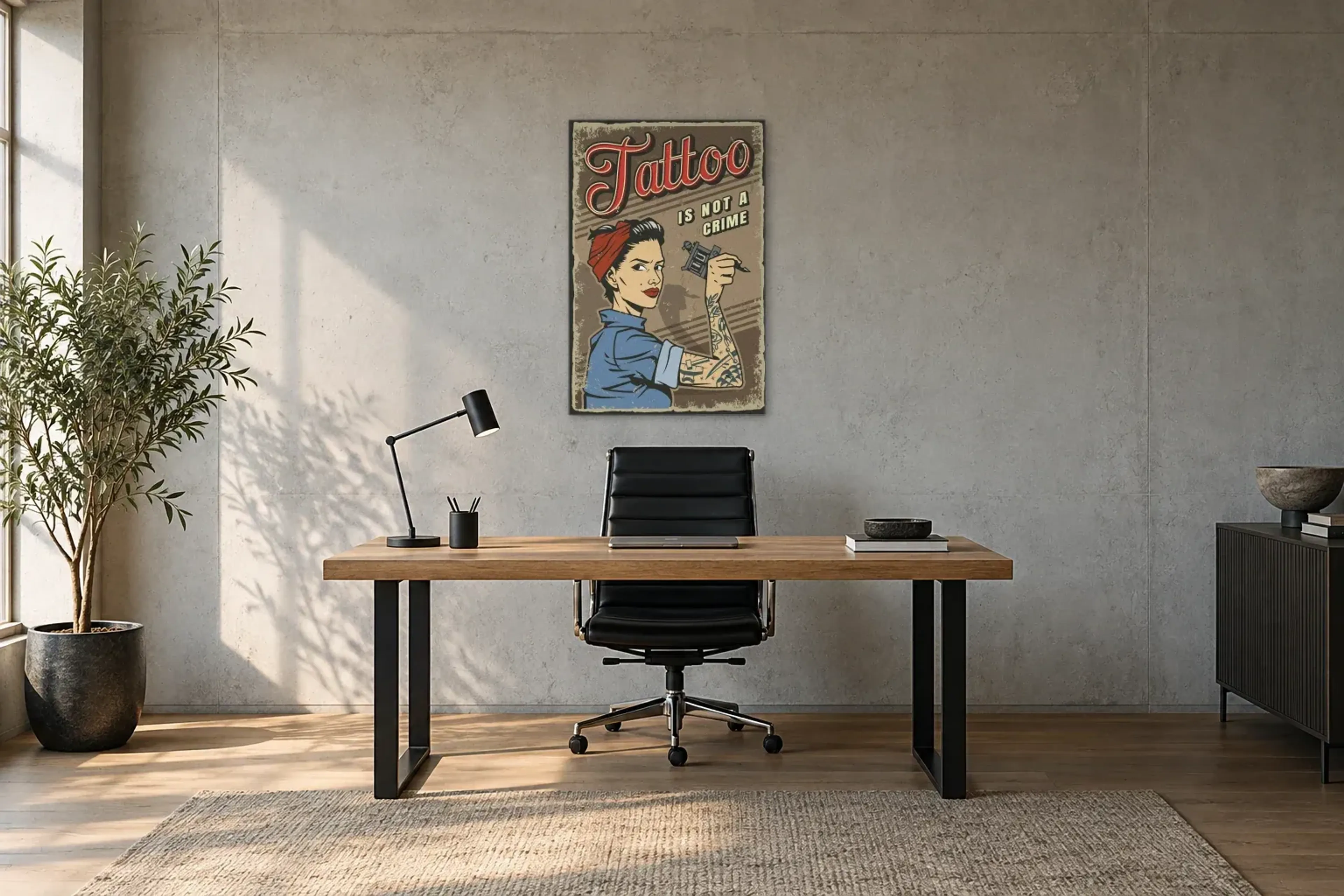 Tattoo Statement als Wandbild über einem 160-cm-Schreibtisch