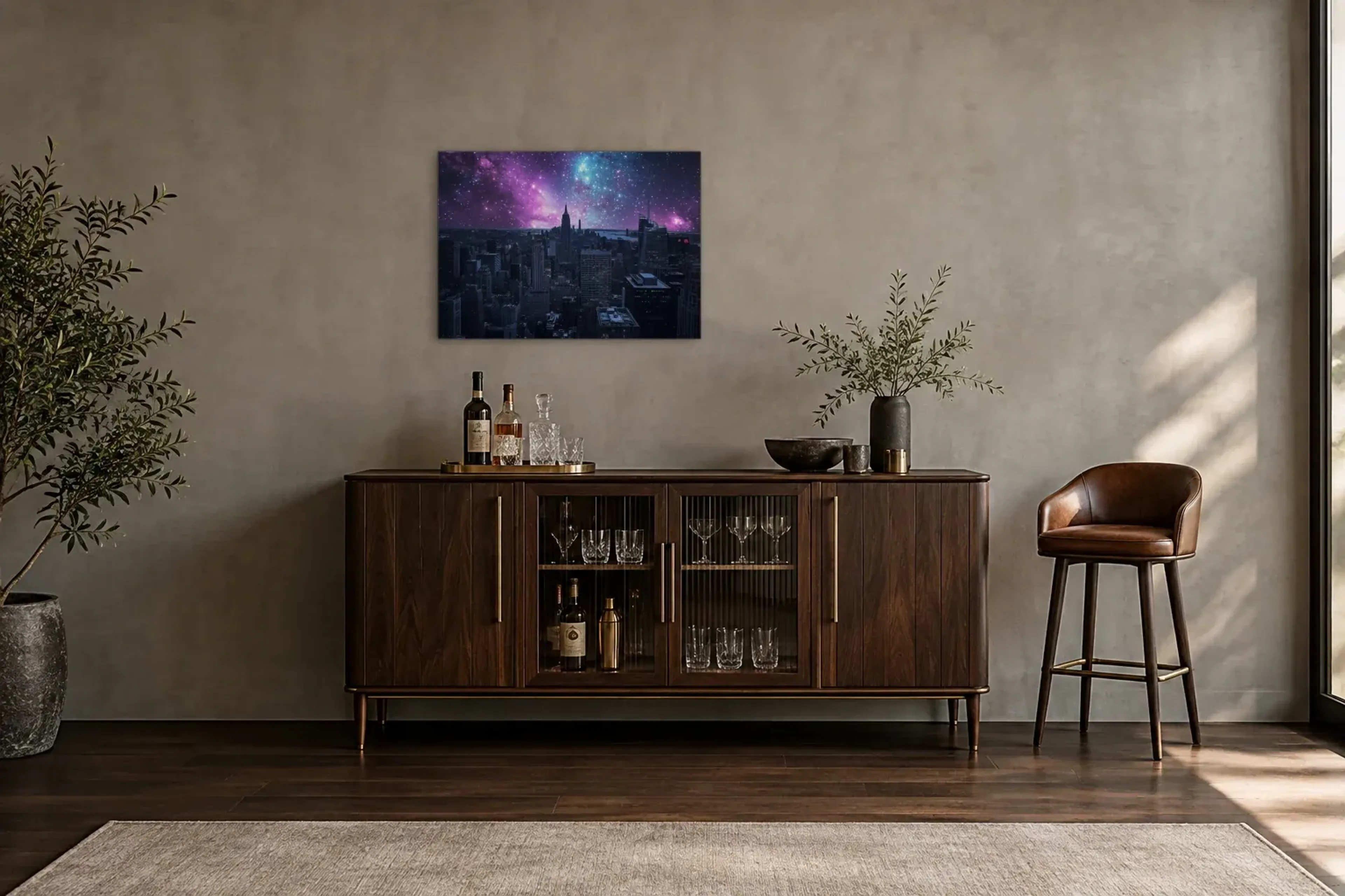 Galaxie über der Stadt als Wandbild über einem 150-cm-Barschrank
