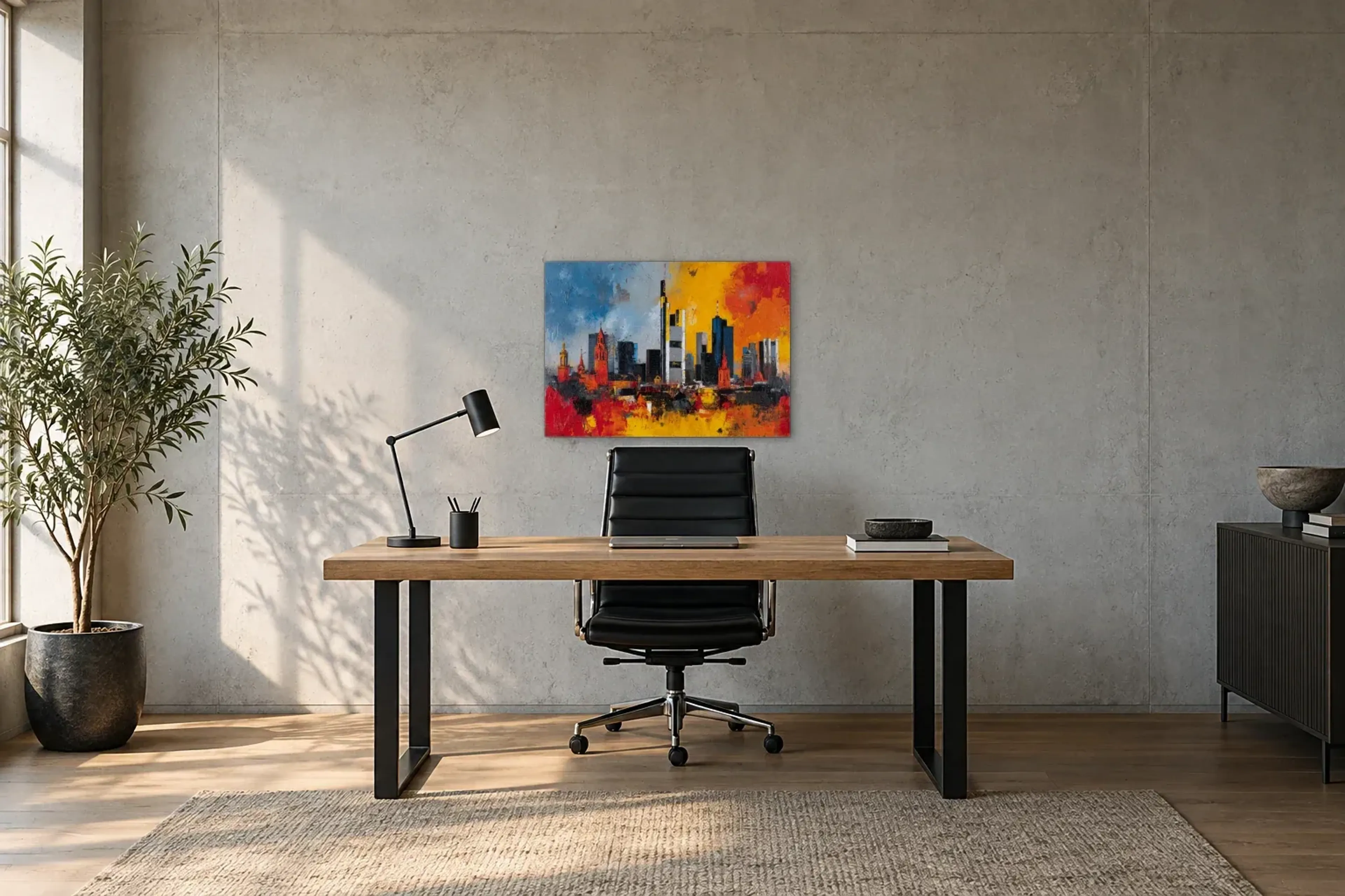 Frankfurt in Rot und Gold als Wandbild über einem 160-cm-Schreibtisch
